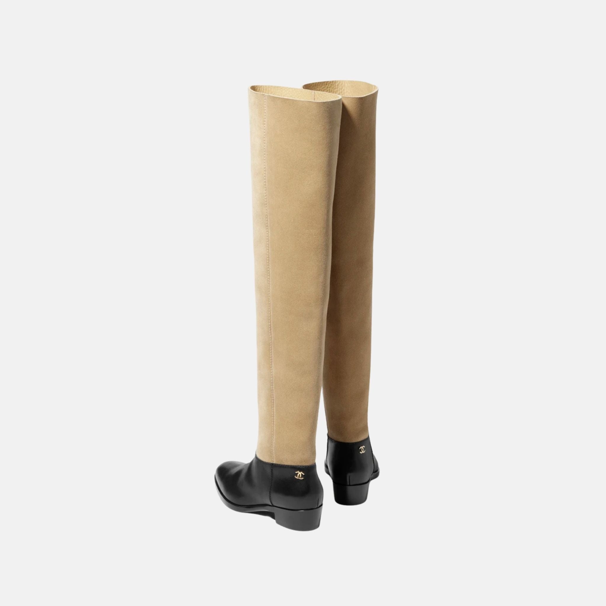 Chanel Thigh Boots In Velvet Calfskin And Calfskin, Beige, Back