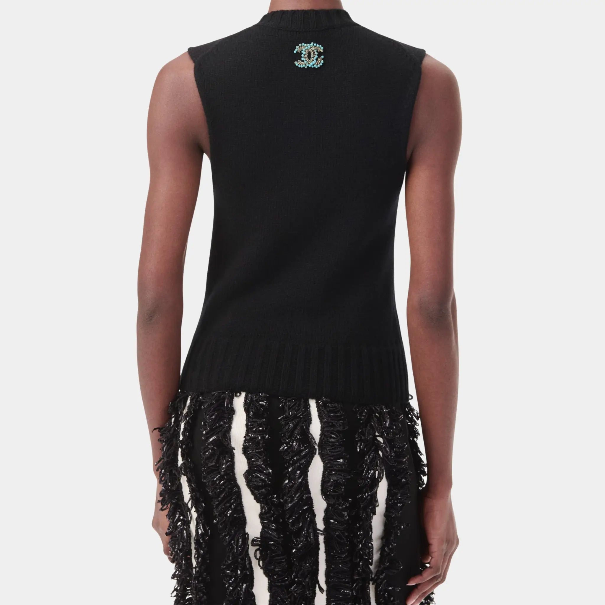 Chanel Top Embroidered Cashmere in Black Turquoise & Gold, Back