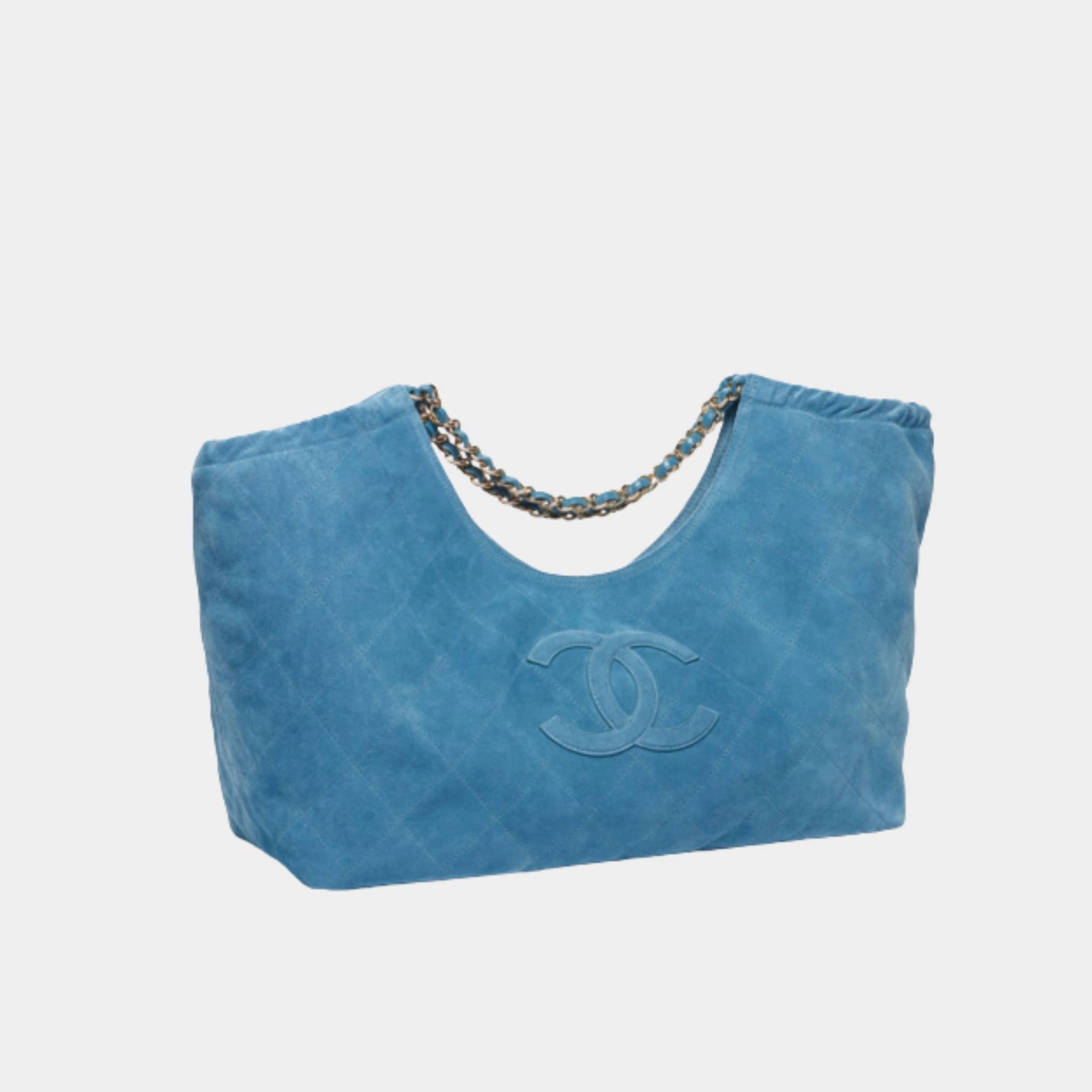 Chanel Tote Suede Calfskin & Gold Metal Blue
