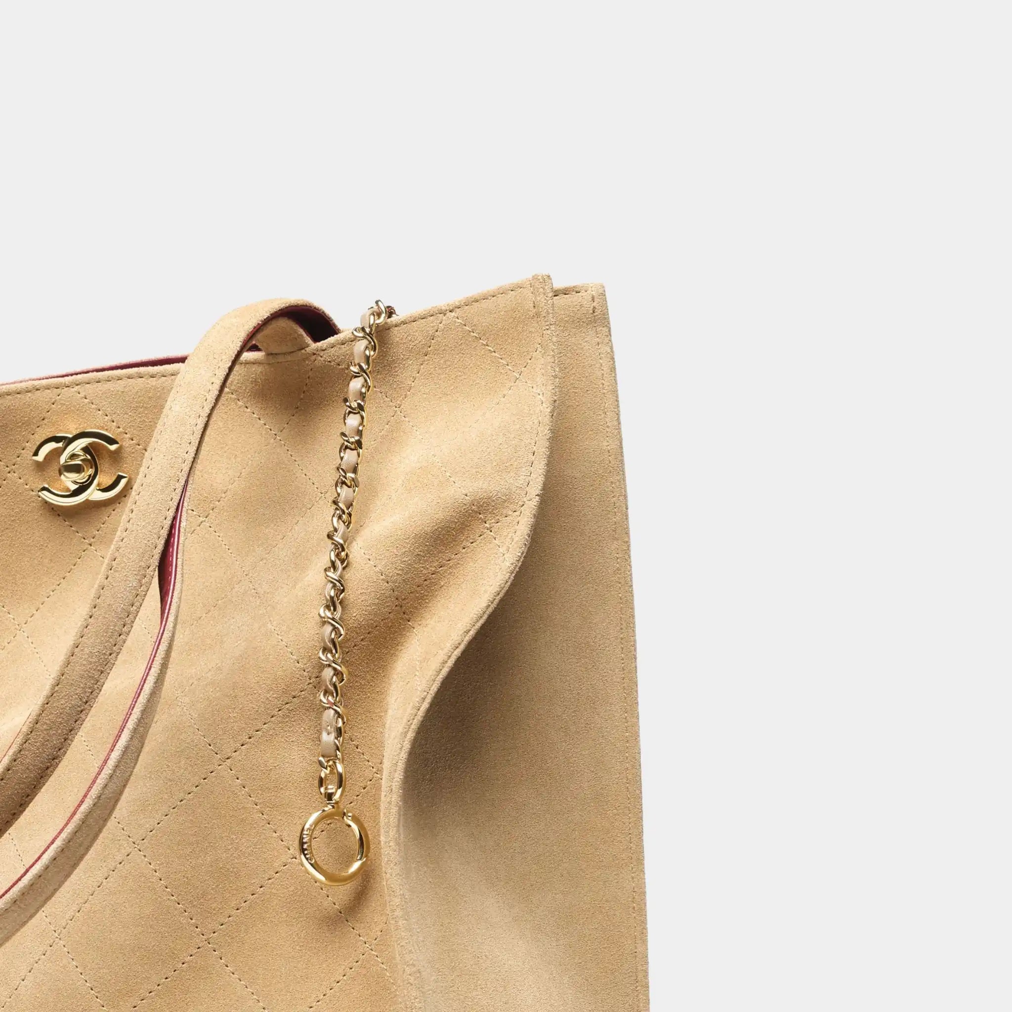 Chanel Tote Suede Calfskin & Gold Metal Dark Beige