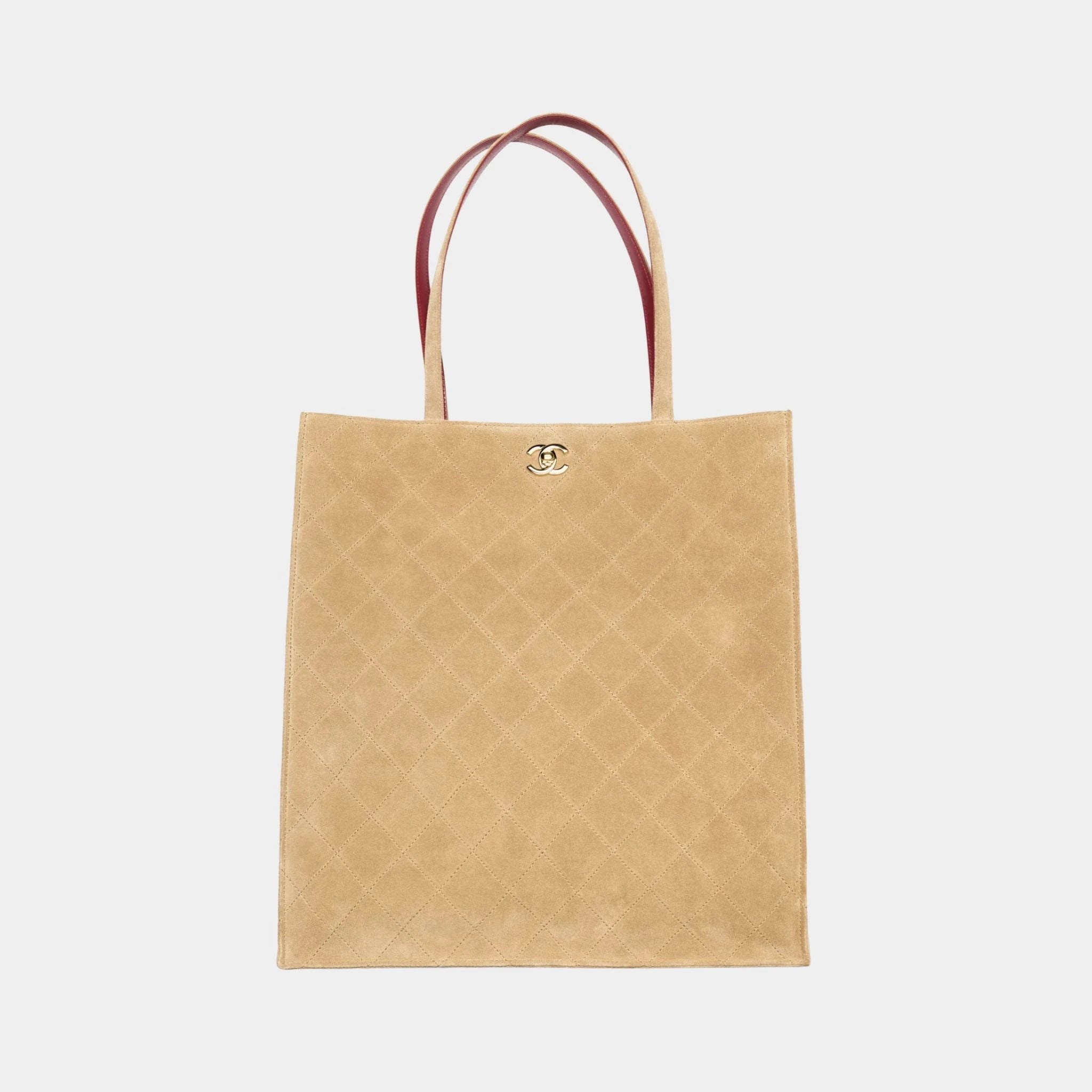 Chanel Tote Suede Calfskin & Gold Metal Dark Beige