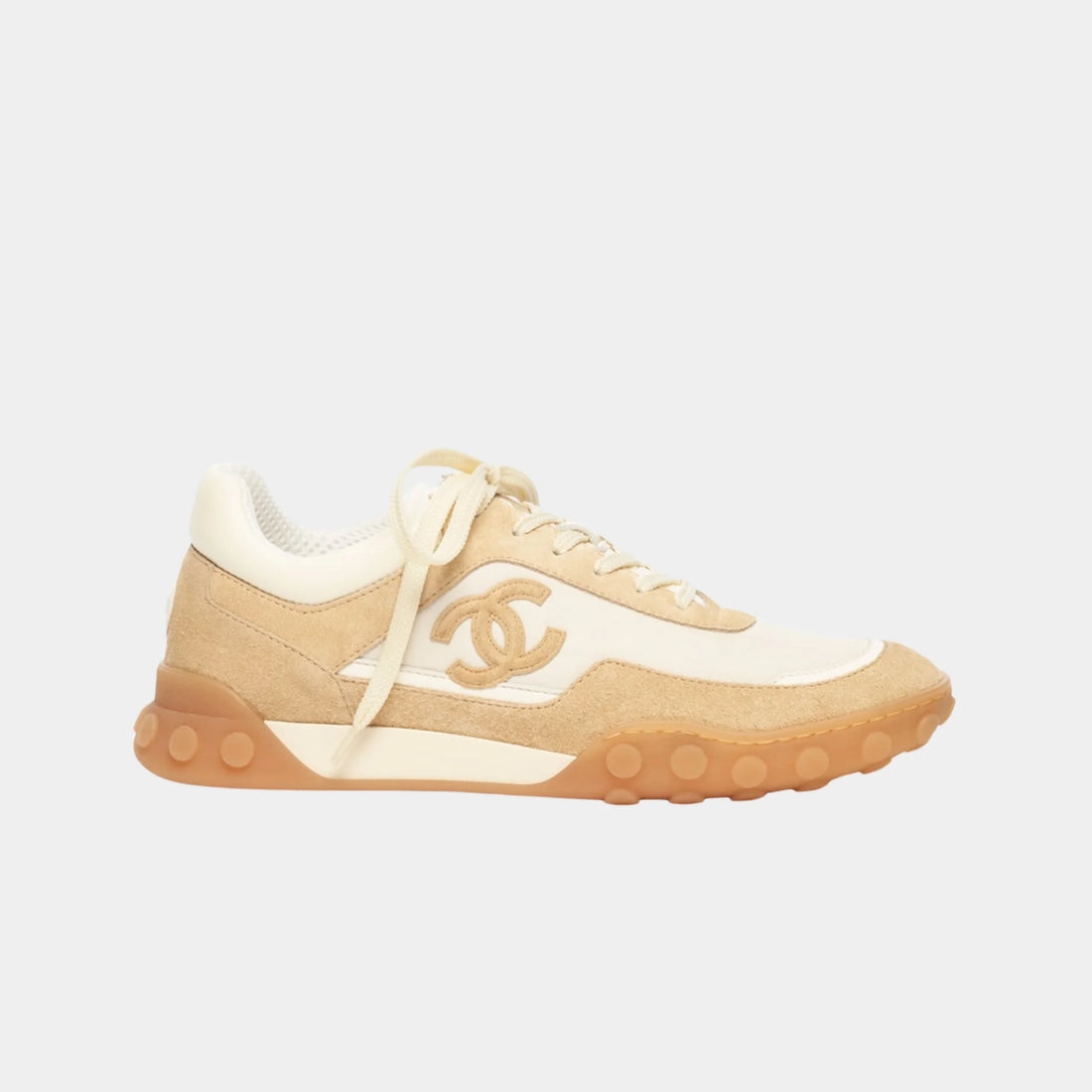Chanel Trainers in Fabric & Suede Calfskin, Ivory Beige, Side