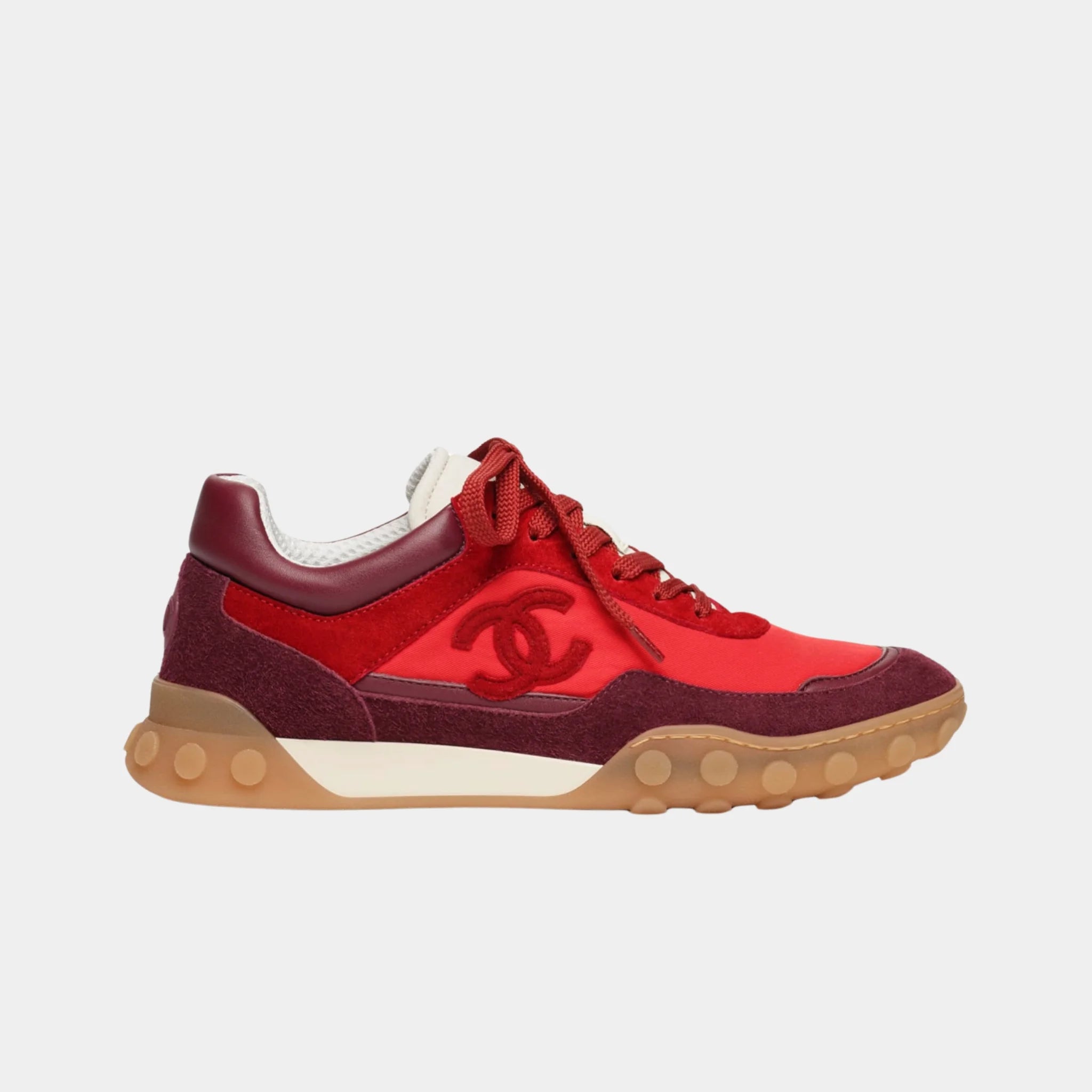 Chanel Trainers in Fabric & Suede Calfskin, Red Burgundy, Side
