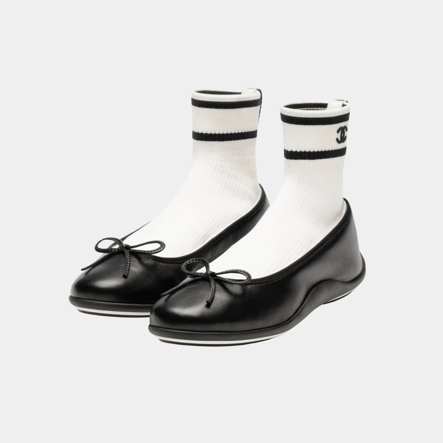Chanel Trainers in Lambskin & Knit, Black White, Front