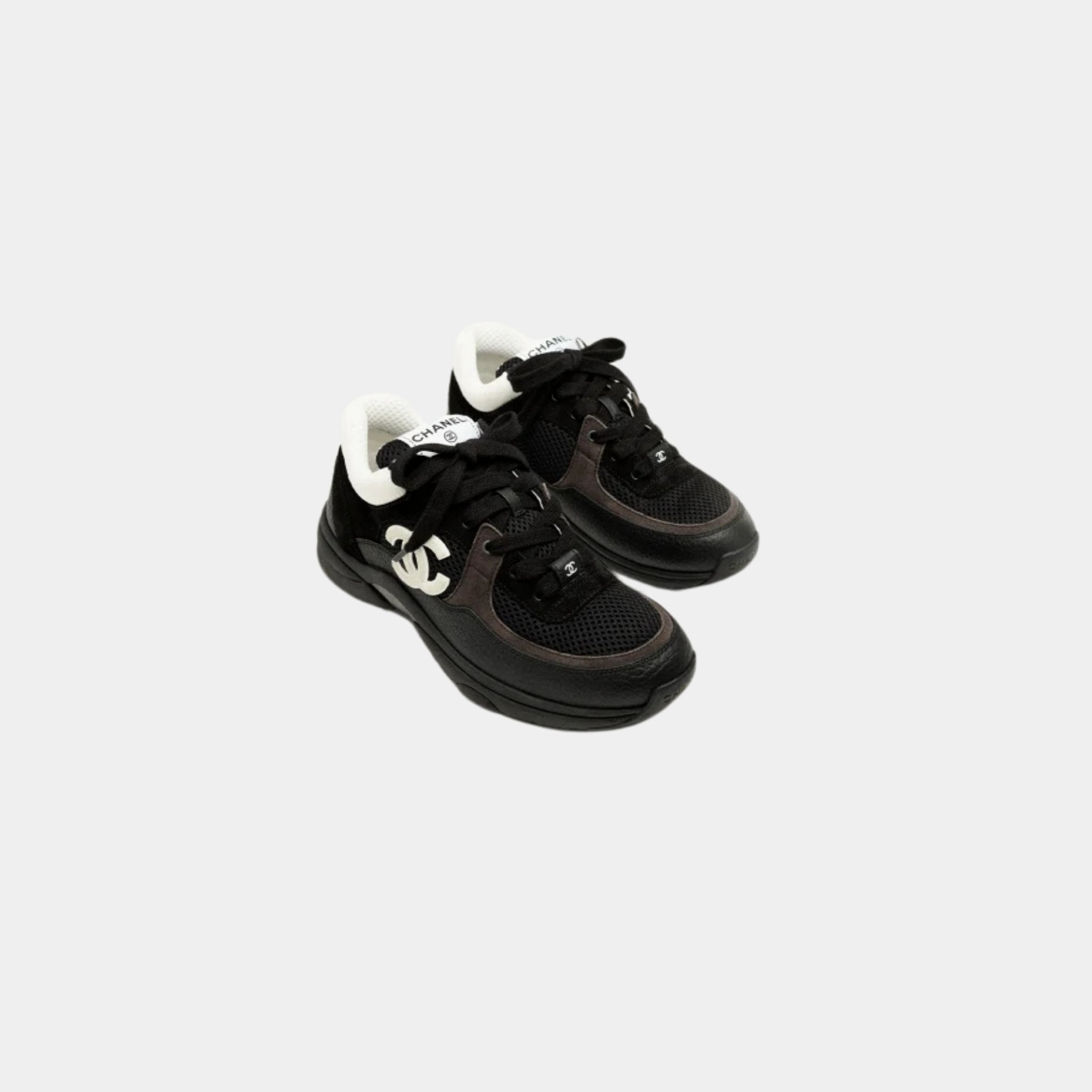 Chanel Trainers In Mesh Suede And Grained Calfskin, Black And White, Front