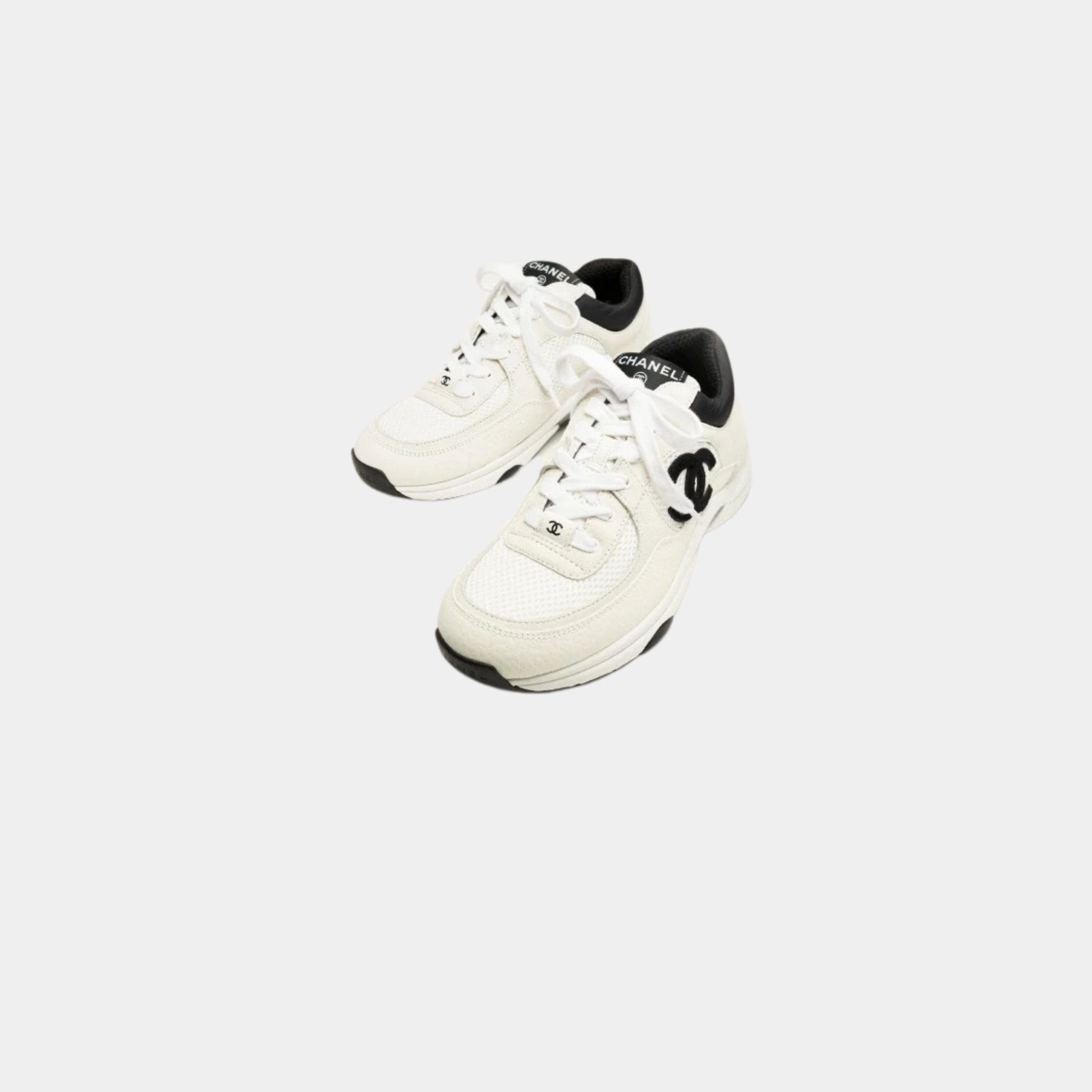 Chanel Trainers In Mesh Suede And Grained Calfskin, White And Black, Front