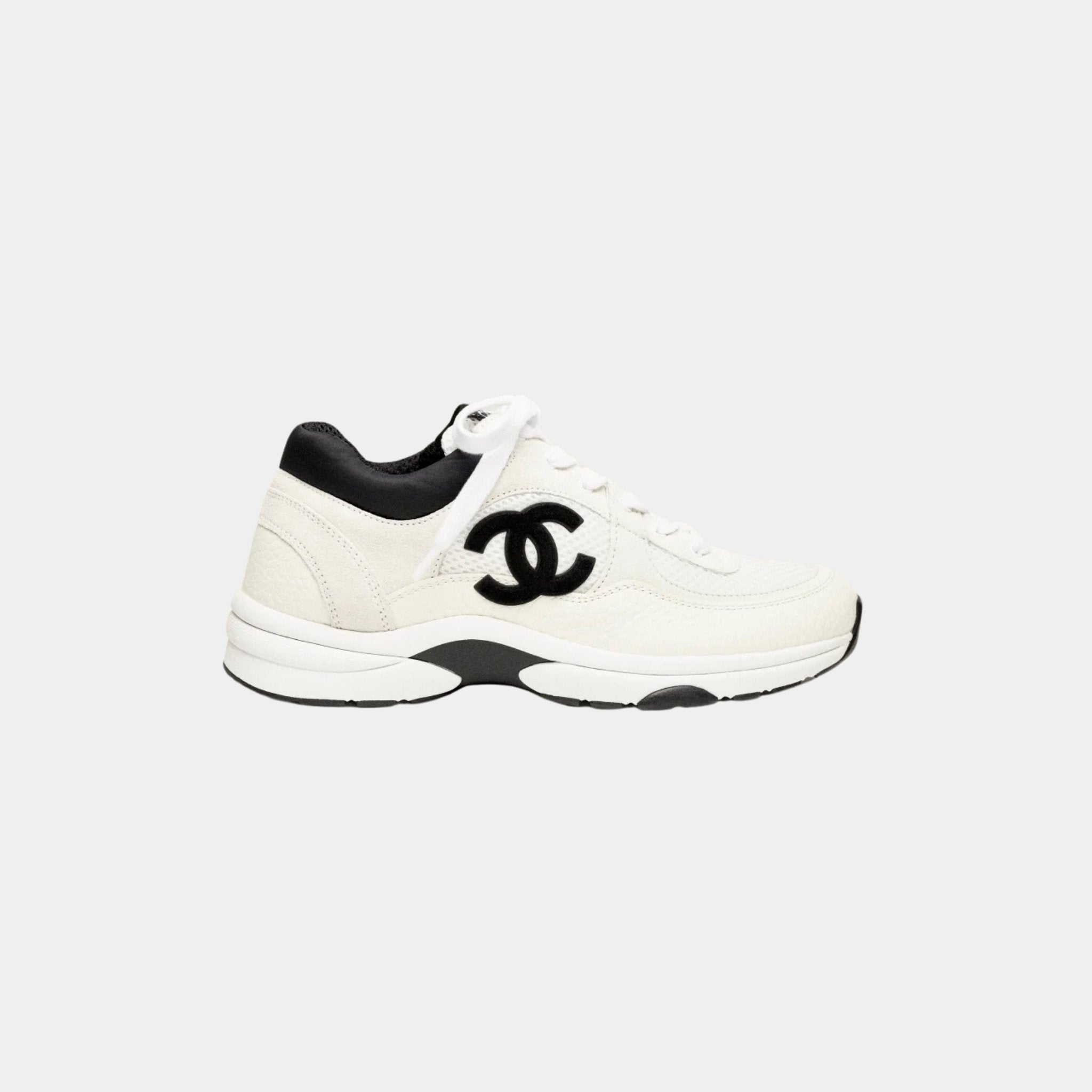 Chanel Trainers In Mesh Suede And Grained Calfskin, White And Black, Side