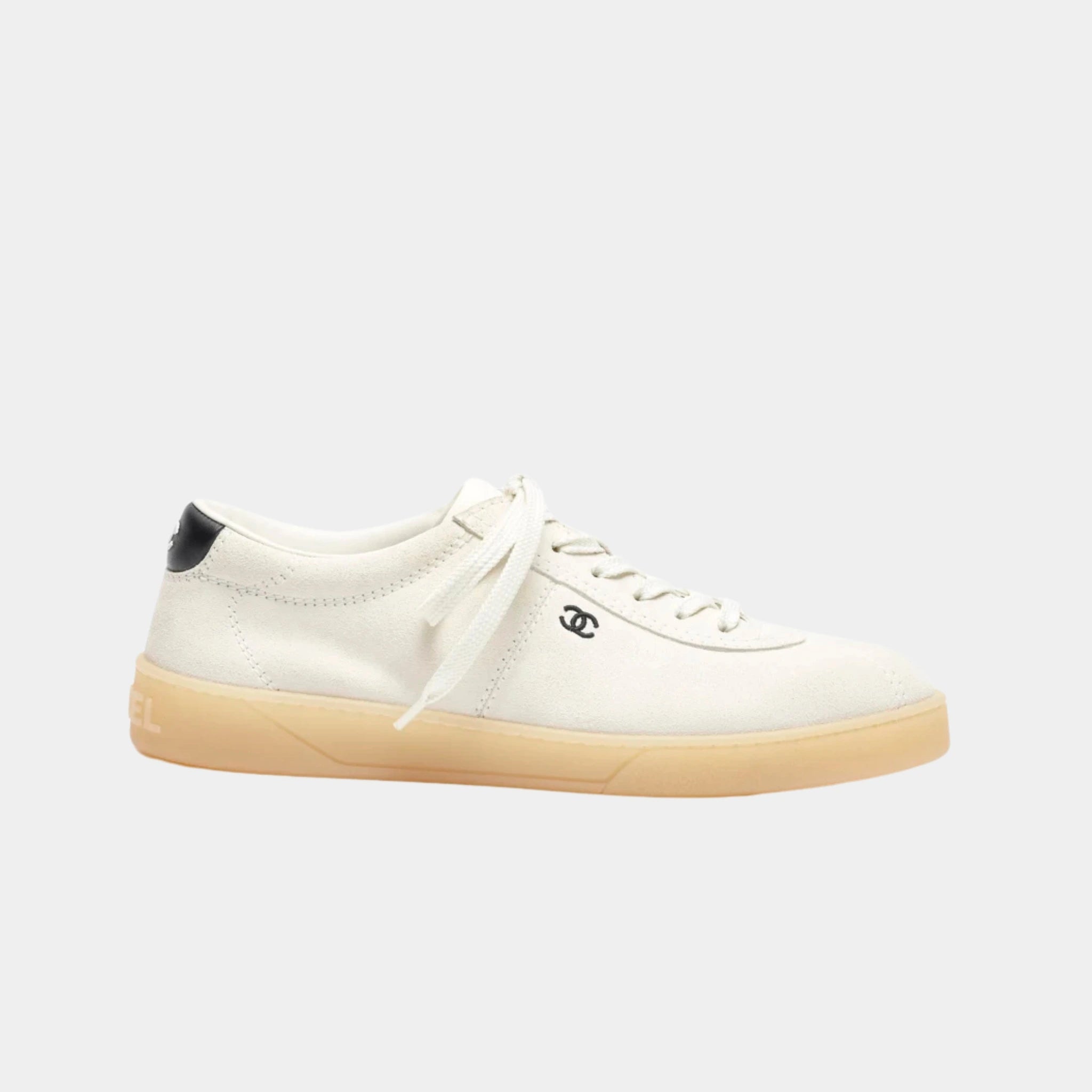 Chanel Trainers in Velvet Calfskin & Calfskin, White, Black, Side