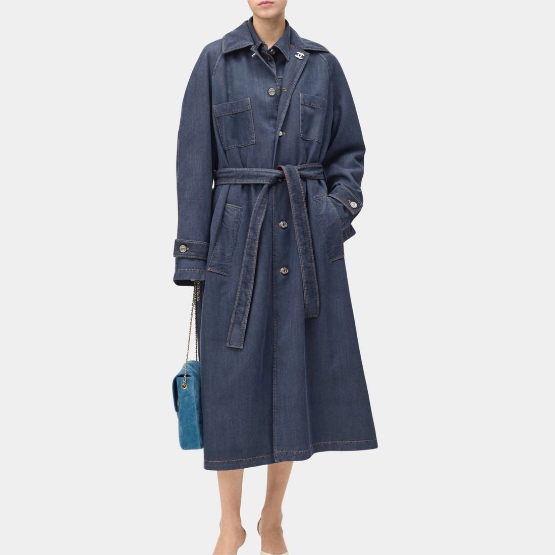Chanel Trench Coat Silk Dark Denim Blue