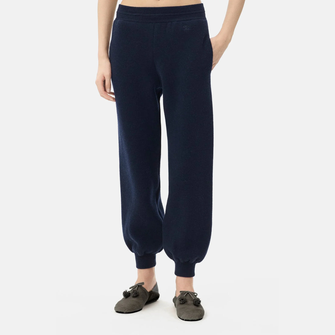 Chanel Trousers in Navy Blue, Coco Neige 2026, worn front view