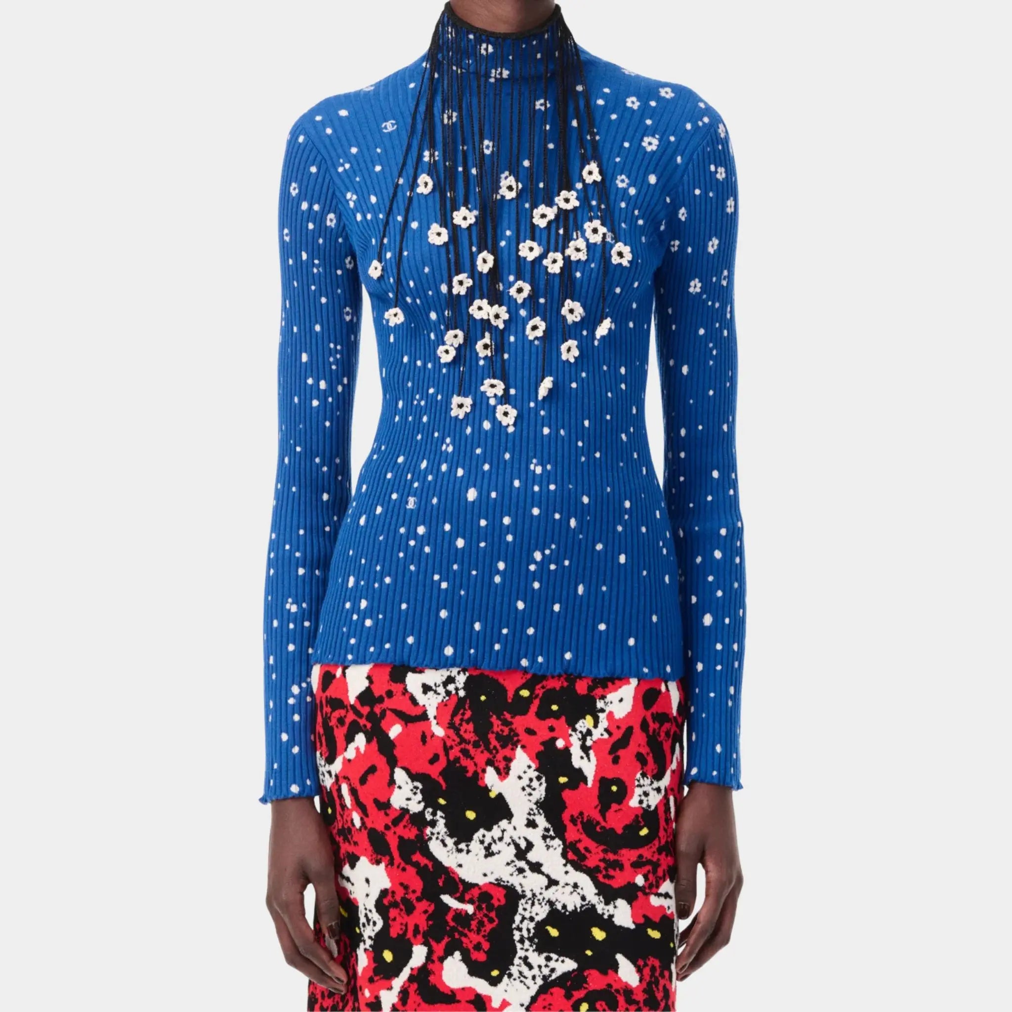Chanel Turtleneck Cashmere & Silk Cobalt Blue & Silk White