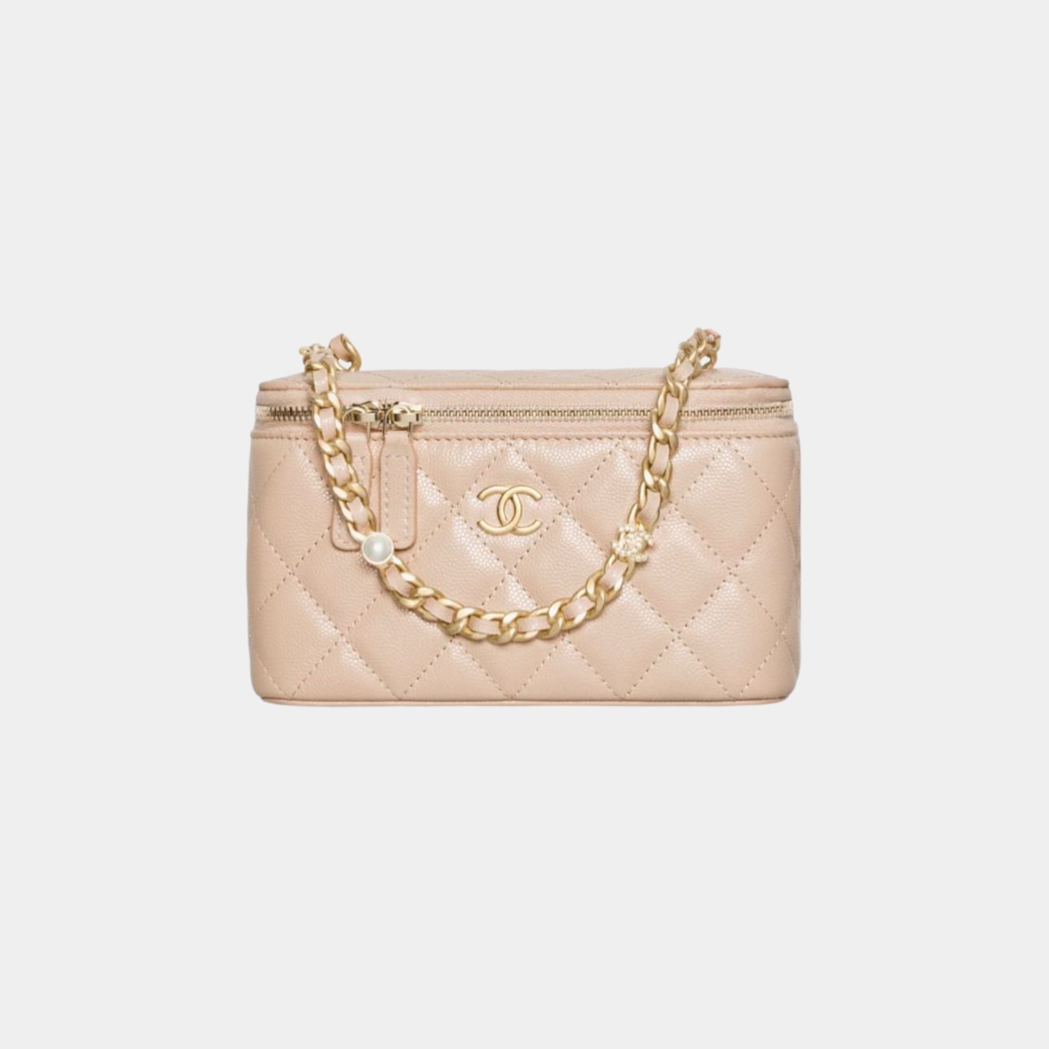 Chanel Vanity with Gold Tone Metal Chain in Grained Shiny Calfskin, Beige