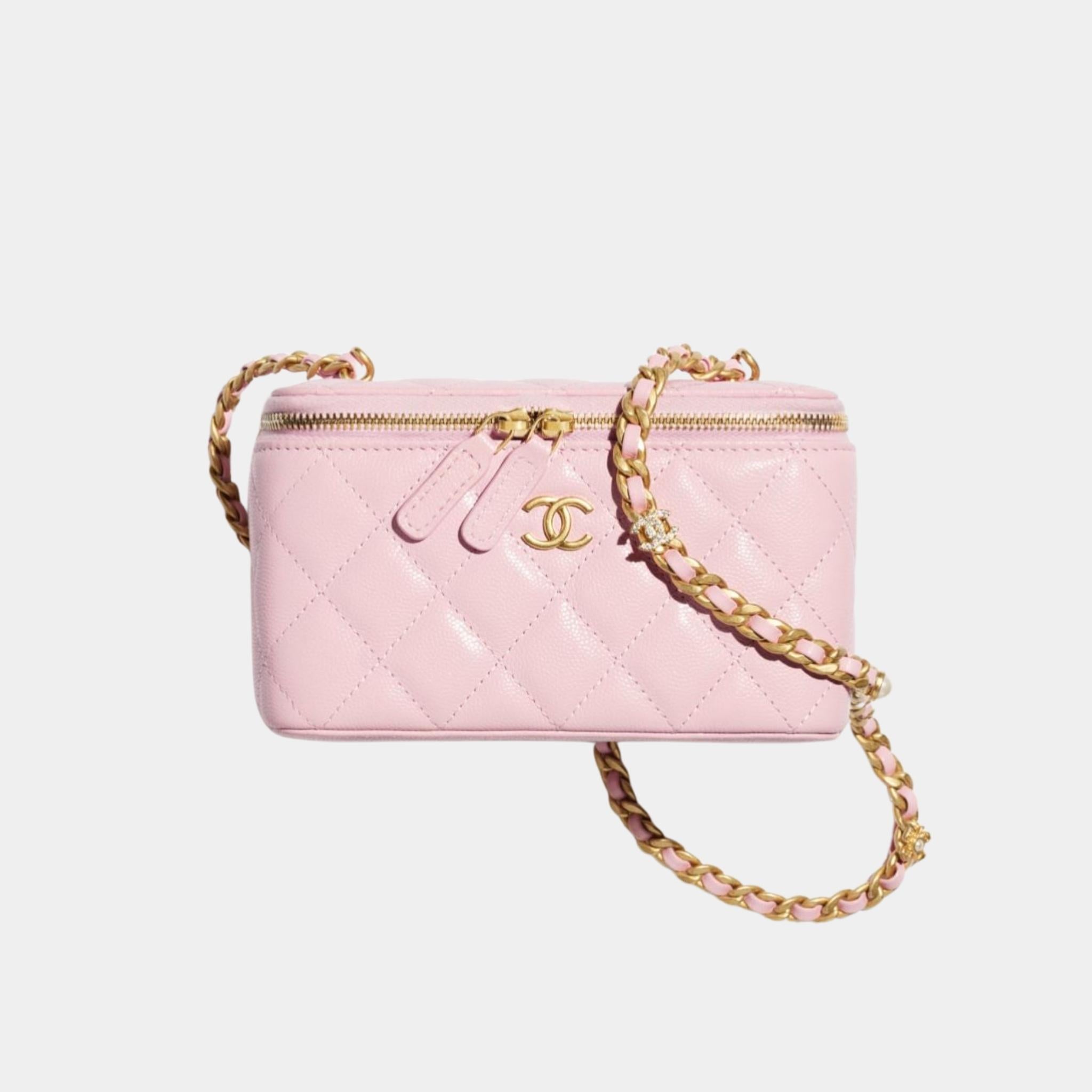 Chanel Vanity with Gold Tone Metal Chain in Grained Shiny Calfskin, Light Pink
