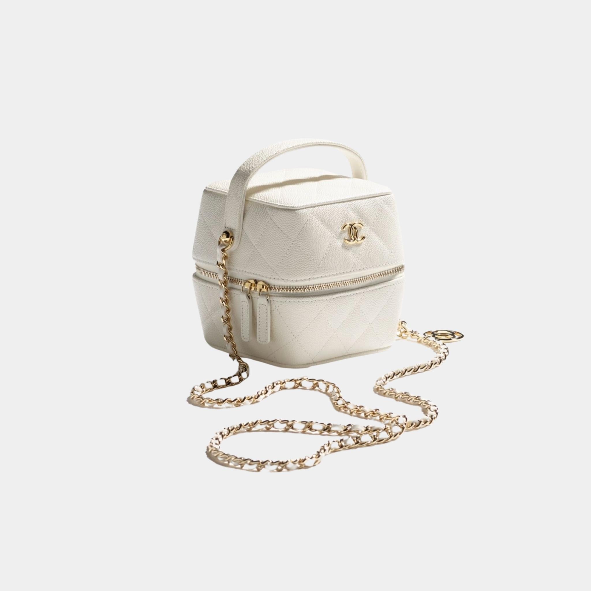 Chanel Vanity with Chain in Grained Calfskin and Gold Tone Metal, White, Side
