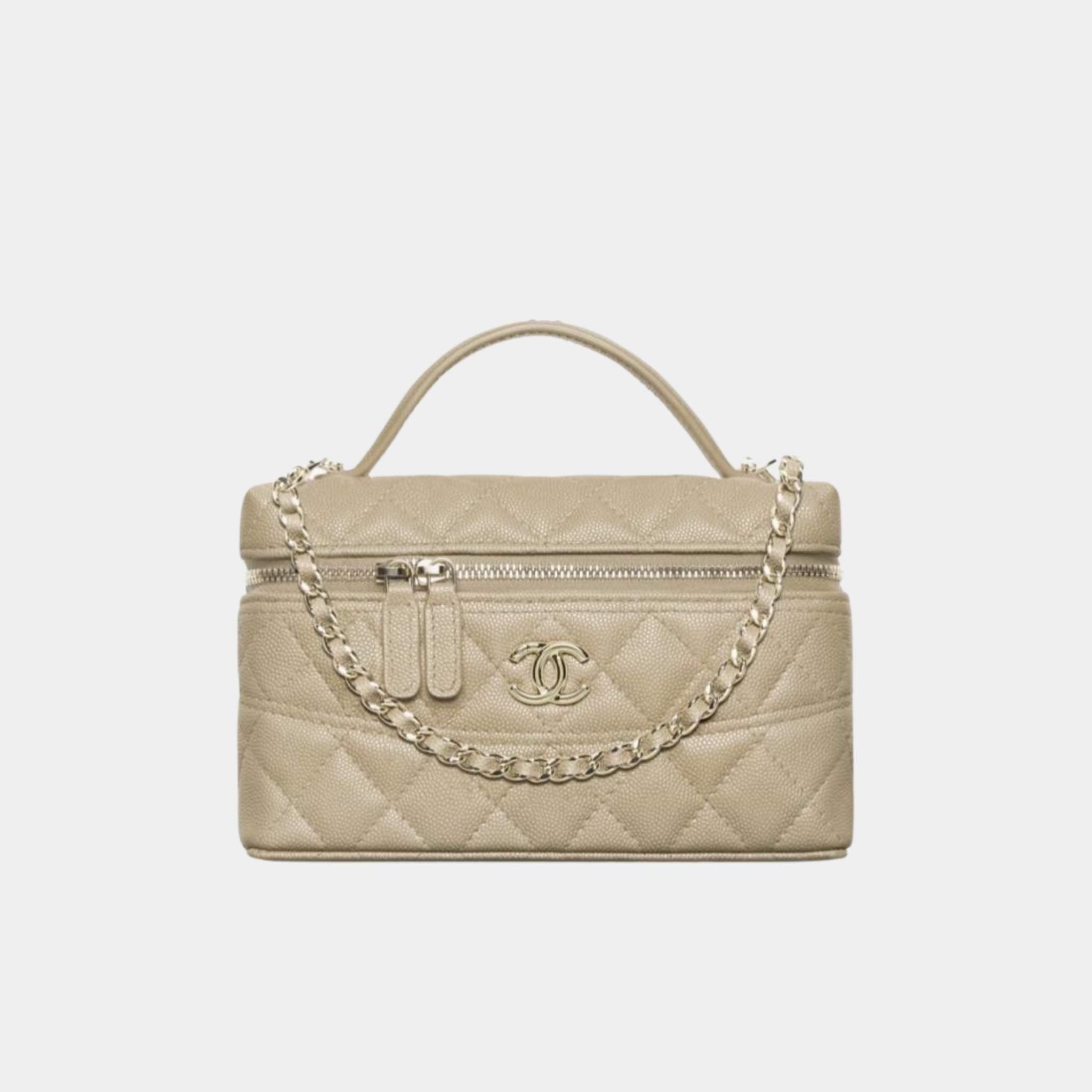 Chanel Vanity with Chain in Grained Calfskin and Gold Toned Metal, Khaki