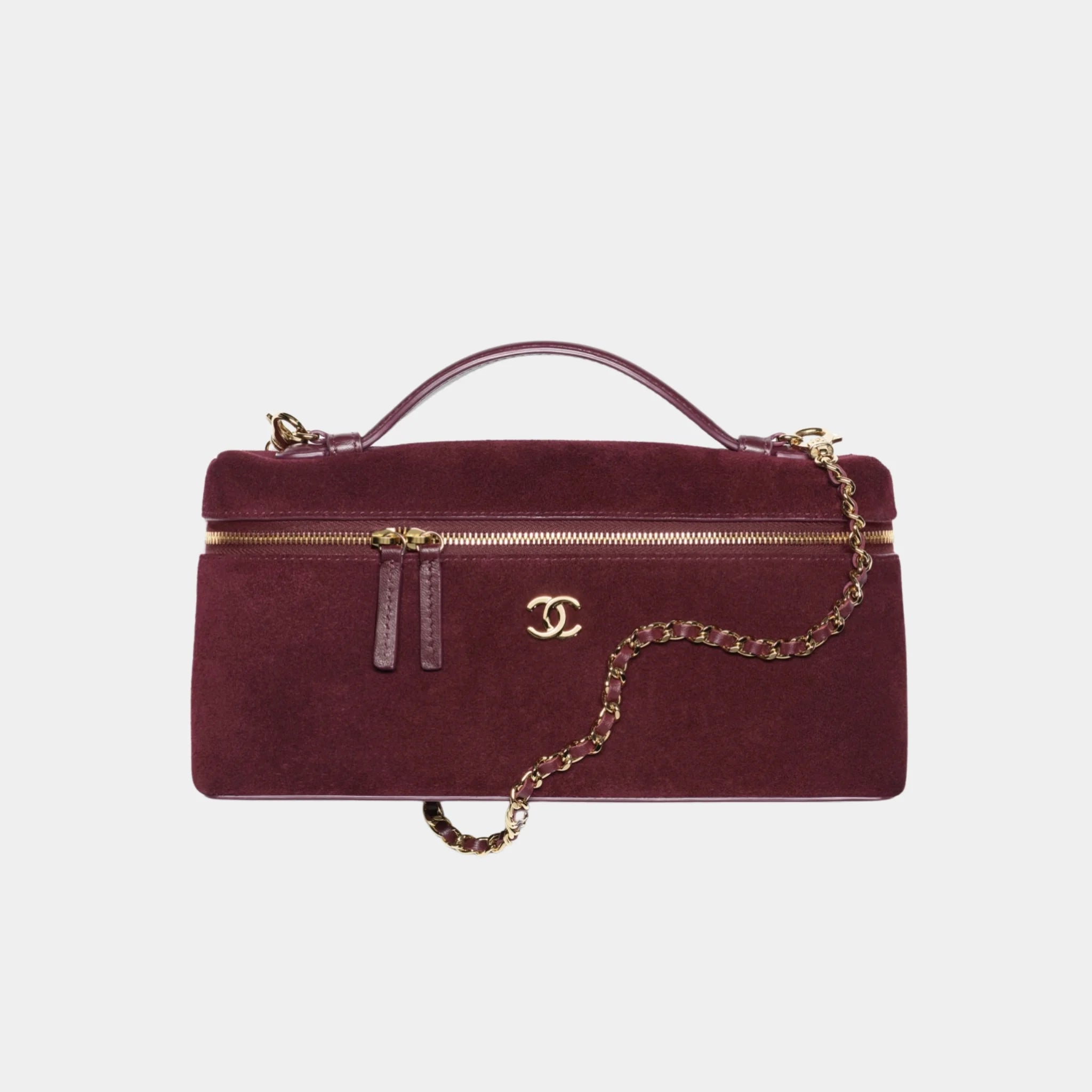 Chanel Vanity with Chain in Burgundy Suede Calfskin & Gold Metal, Front