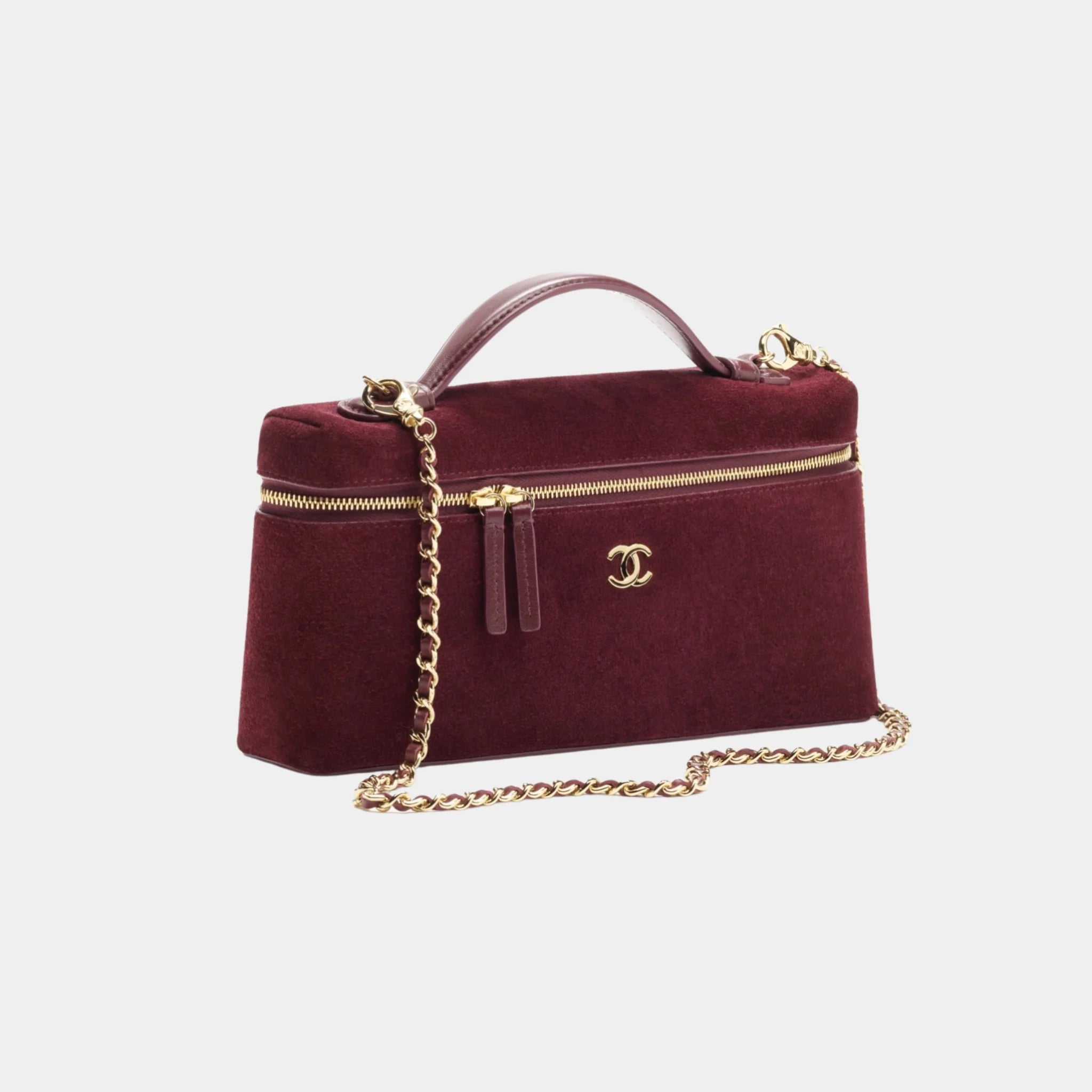 Chanel Vanity with Chain in Burgundy Suede Calfskin & Gold Metal, Side