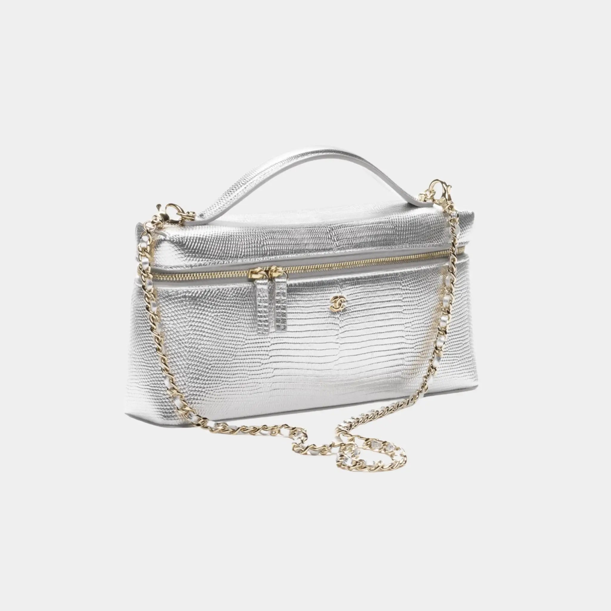Chanel Vanity with Chain Lizard Embossed Calfskin & Gold-Tone Metal, Silvery, Front Side