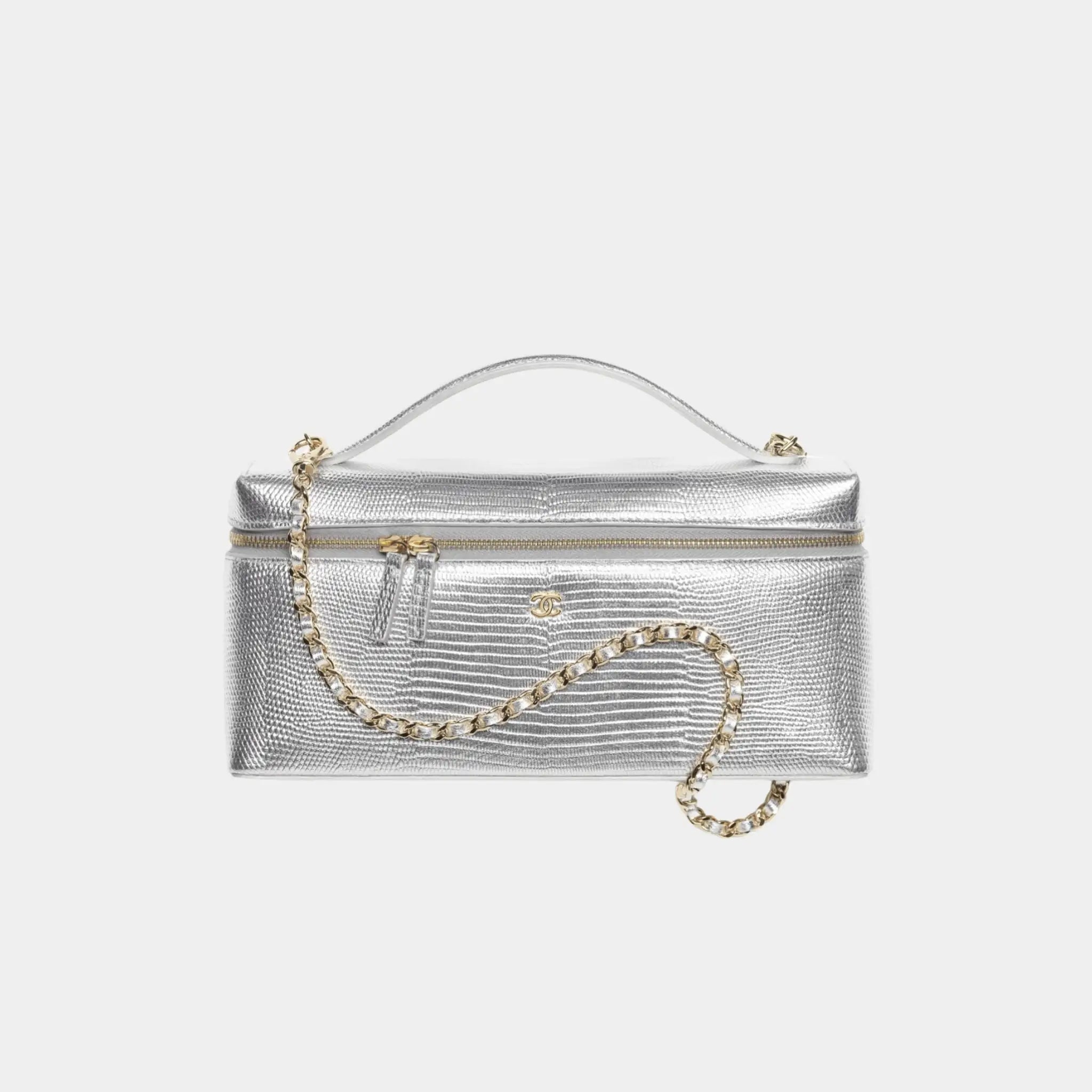 Chanel Vanity with Chain Lizard Embossed Calfskin & Gold-Tone Metal, Silvery, Front