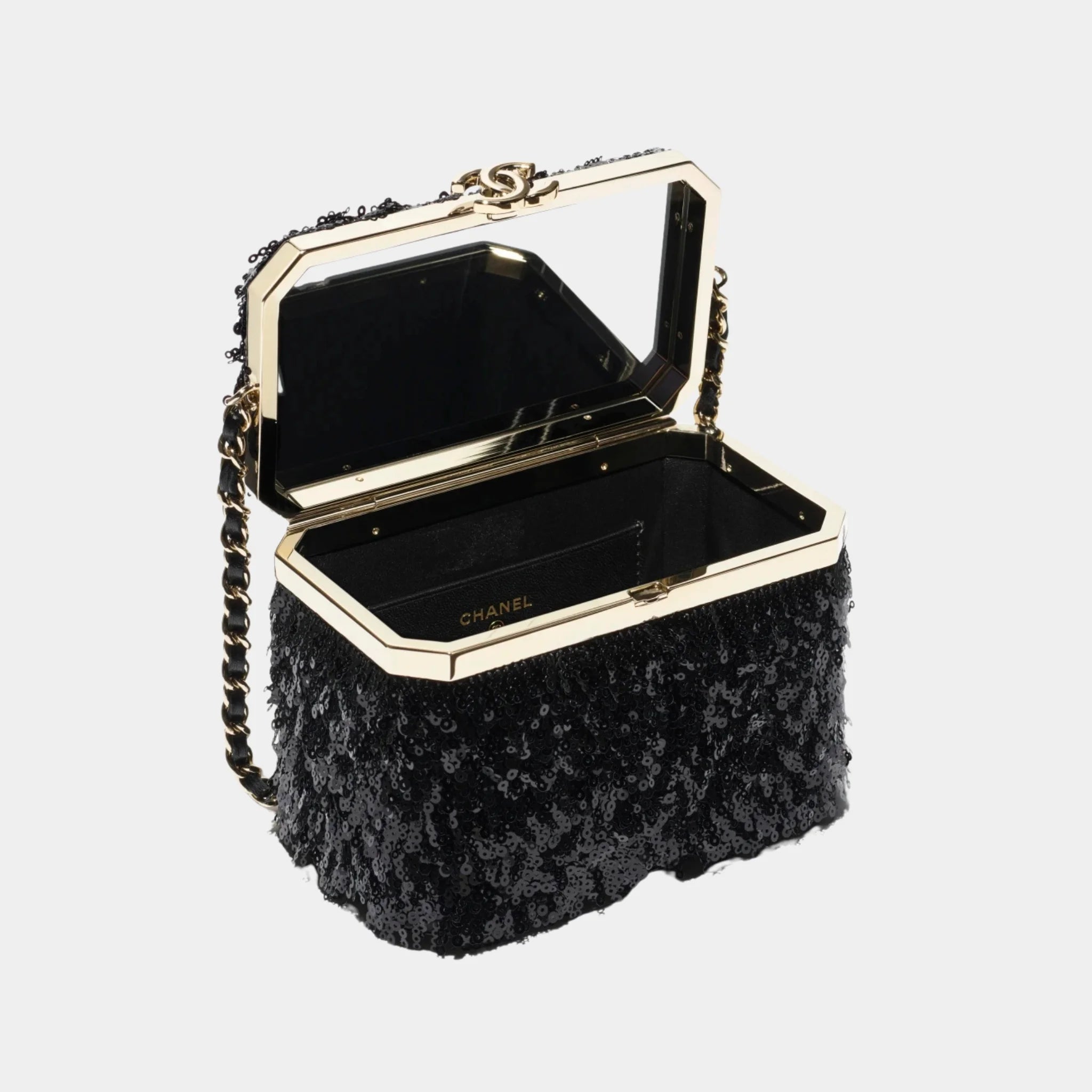 Chanel Vanity with Chain Sequins & Gold Tone Metal, Black, Top
