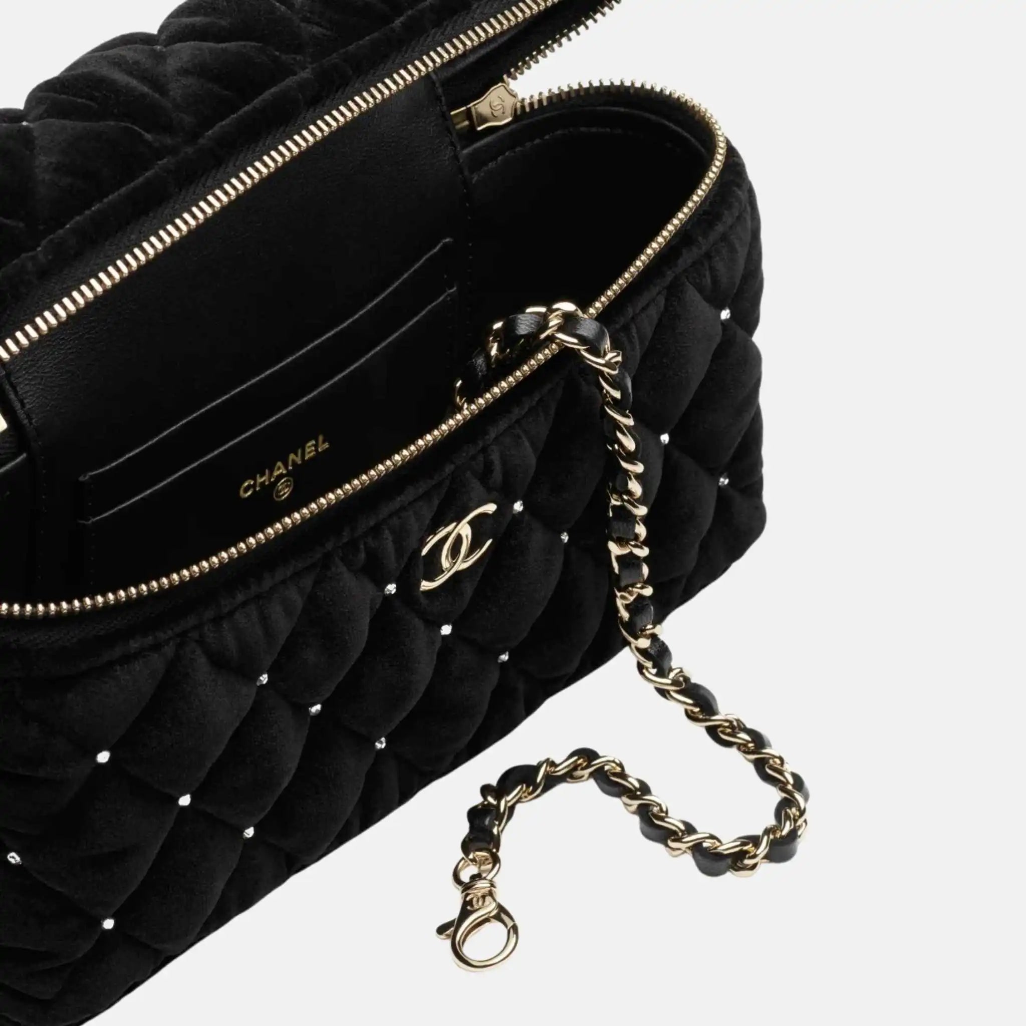 Chanel Vanity With Chain Velvet Diamante Gold Tone Metal, Inside
