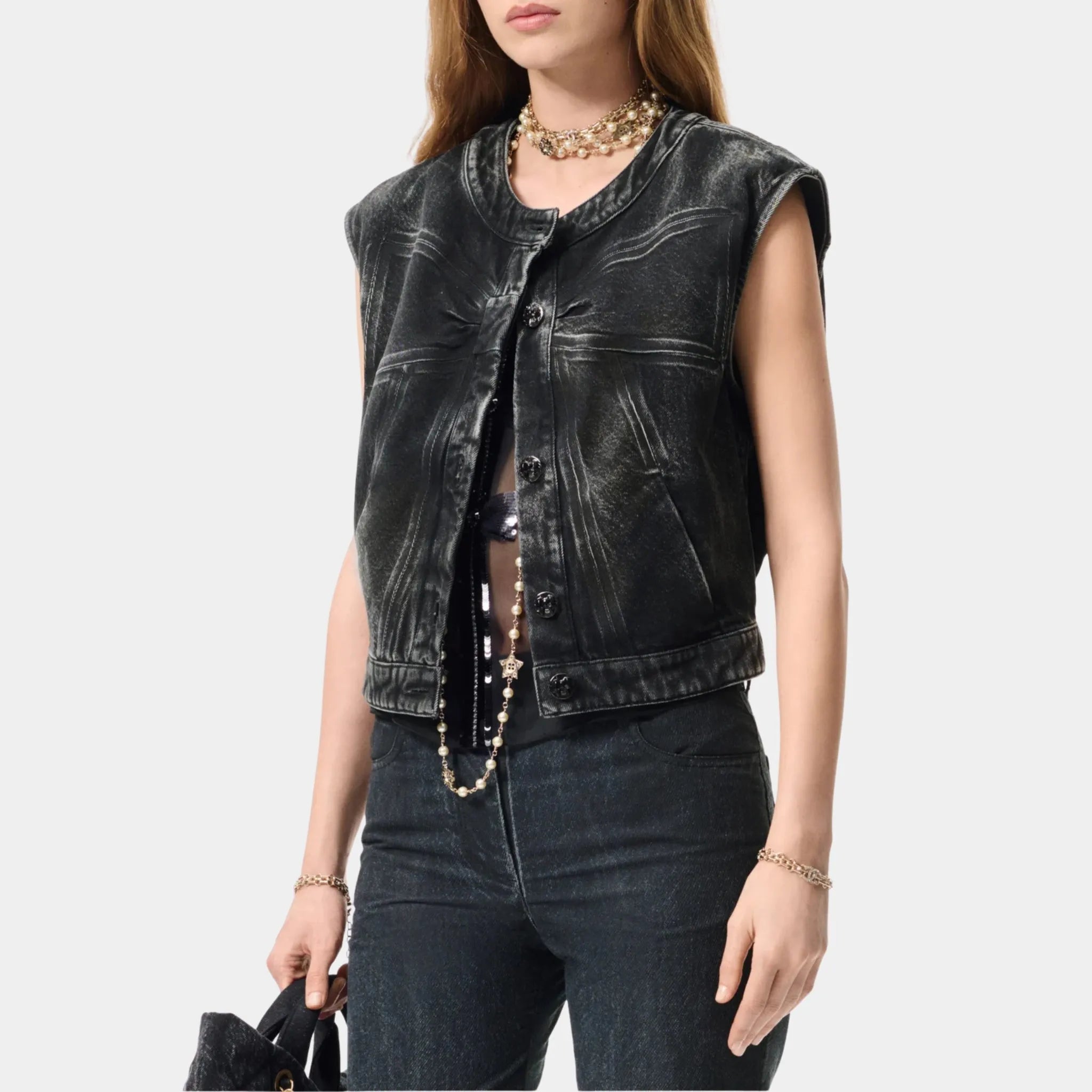 Chanel Vest in Denim, Black, Front