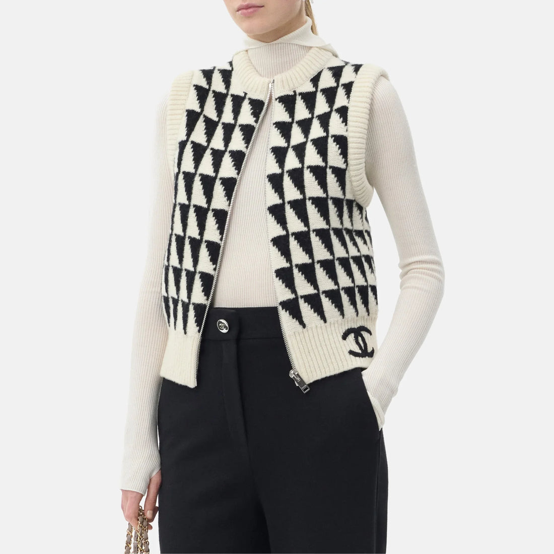 Chanel Vest in Ecru and Black, Coco Neige 2026, worn front view