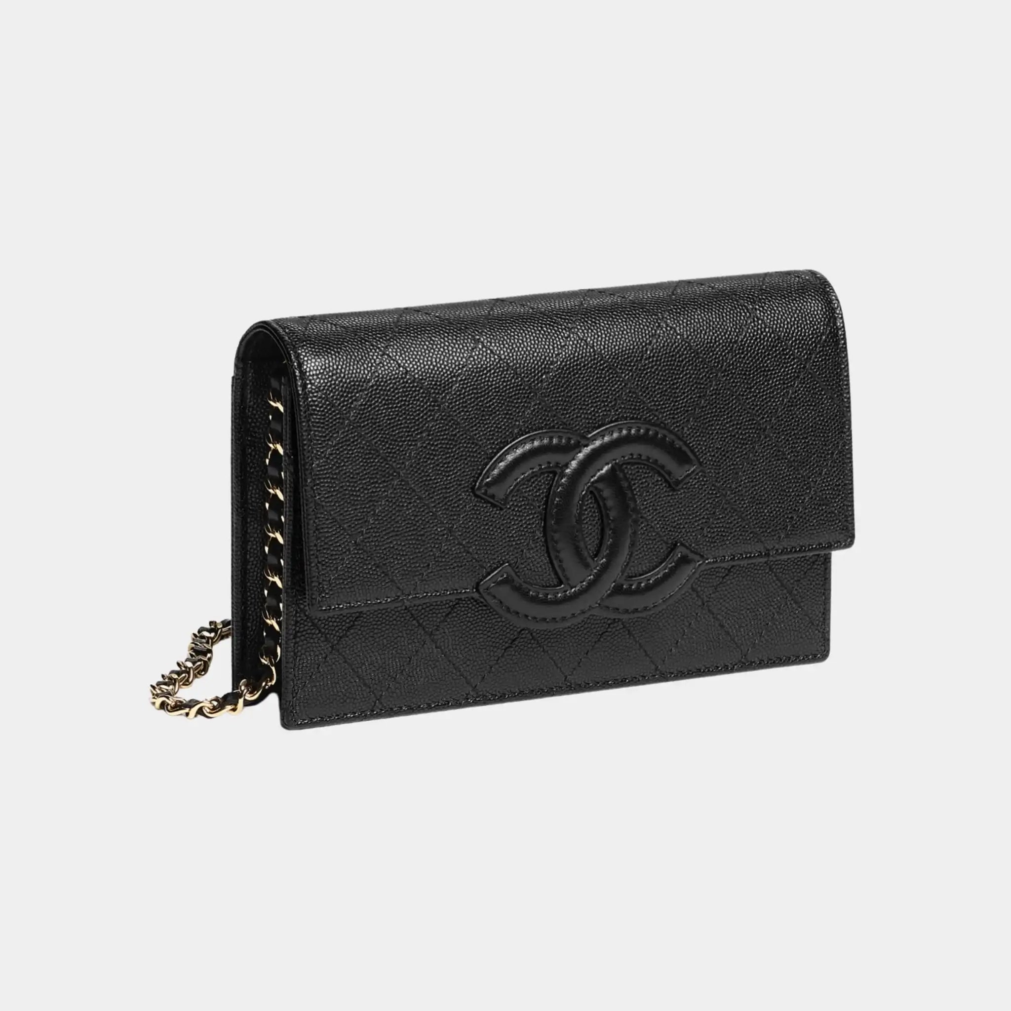 Chanel Wallet on Chain in Black Shiny Grained Calfskin & Lambskin, Front, Side