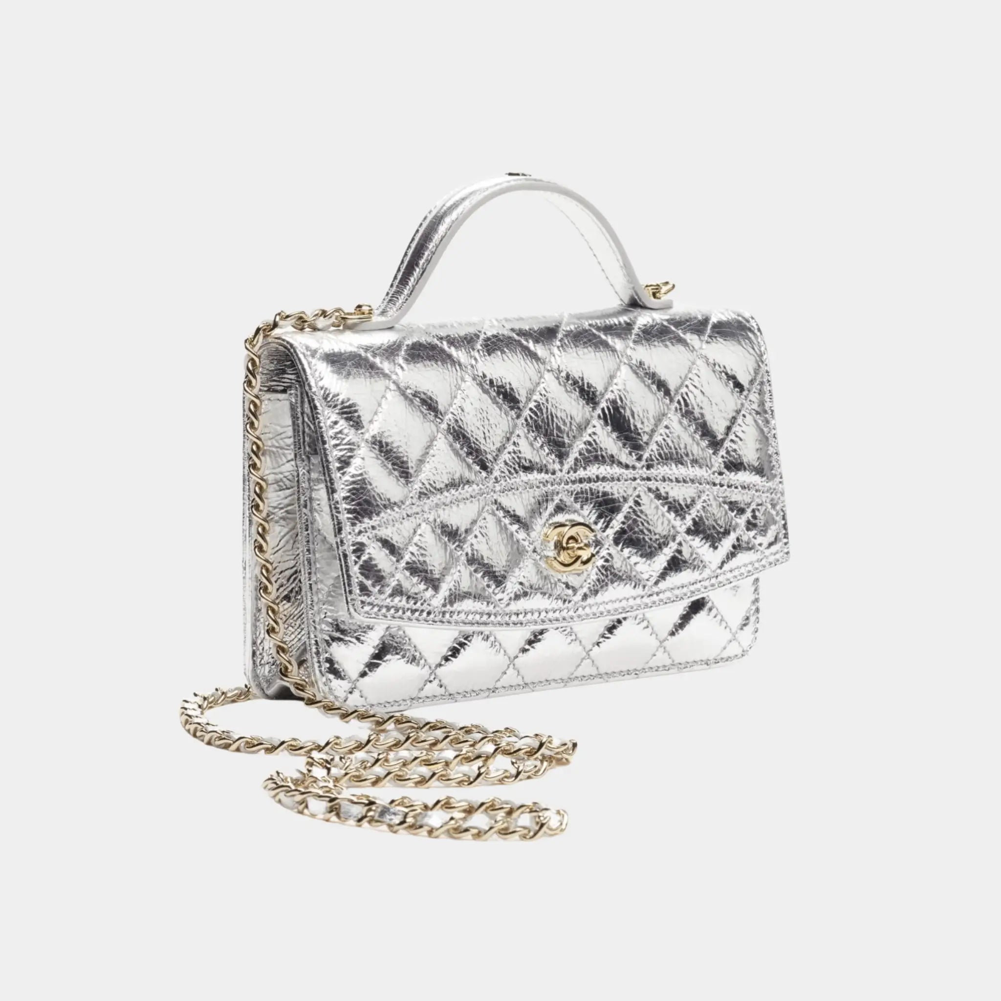 Chanel Wallet on Chain in Silvery Metallic Calfskin & Gold Metal, Side