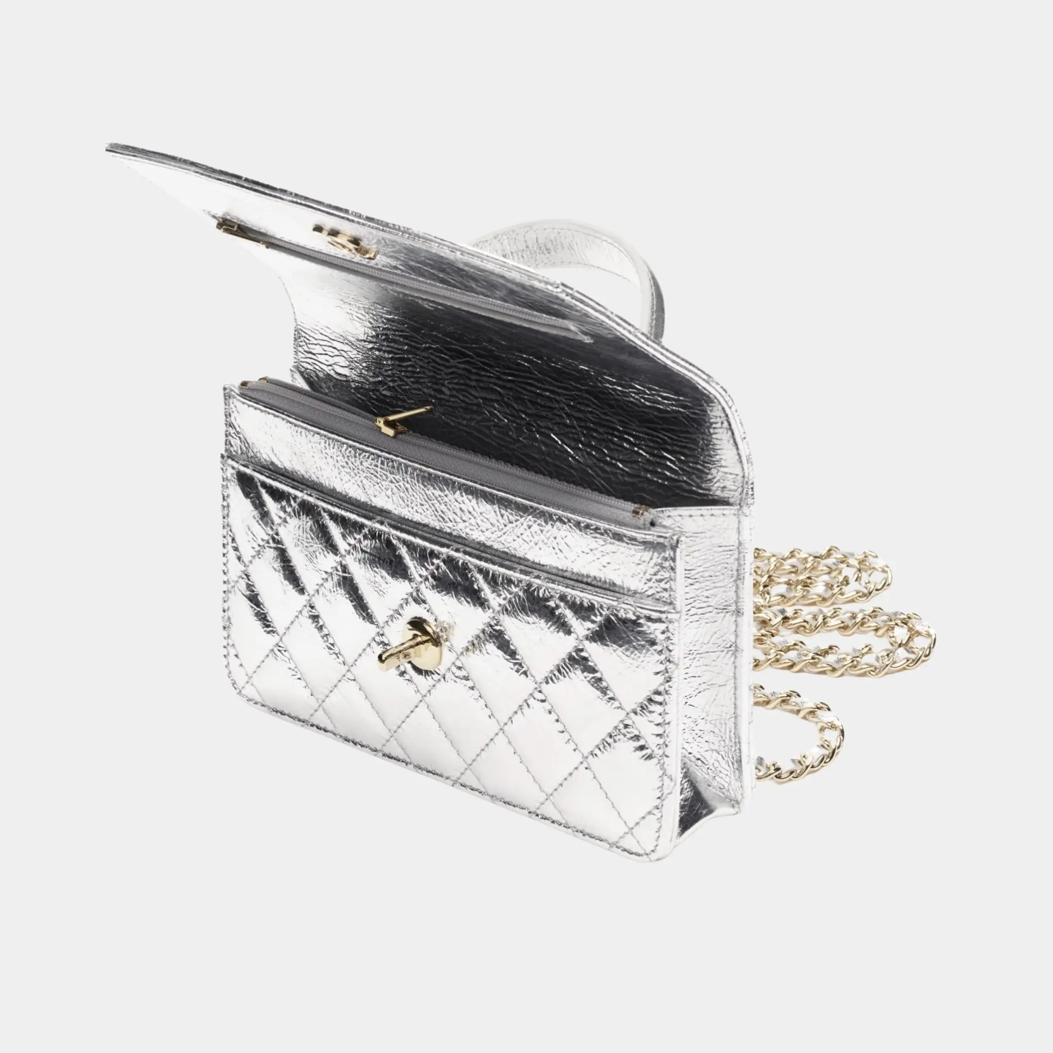 Chanel Wallet on Chain in Silvery Metallic Calfskin & Gold Metal, Top