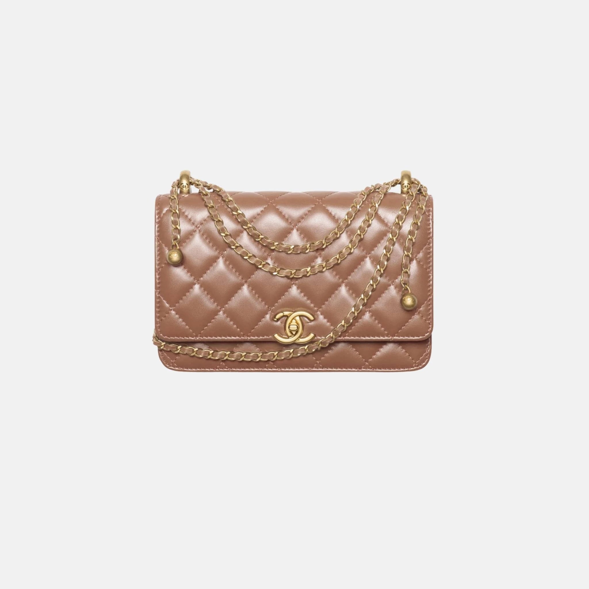 Chanel Wallet on Chain in Shiny Calfskin and Gold Tone Metal, Brown, Front
