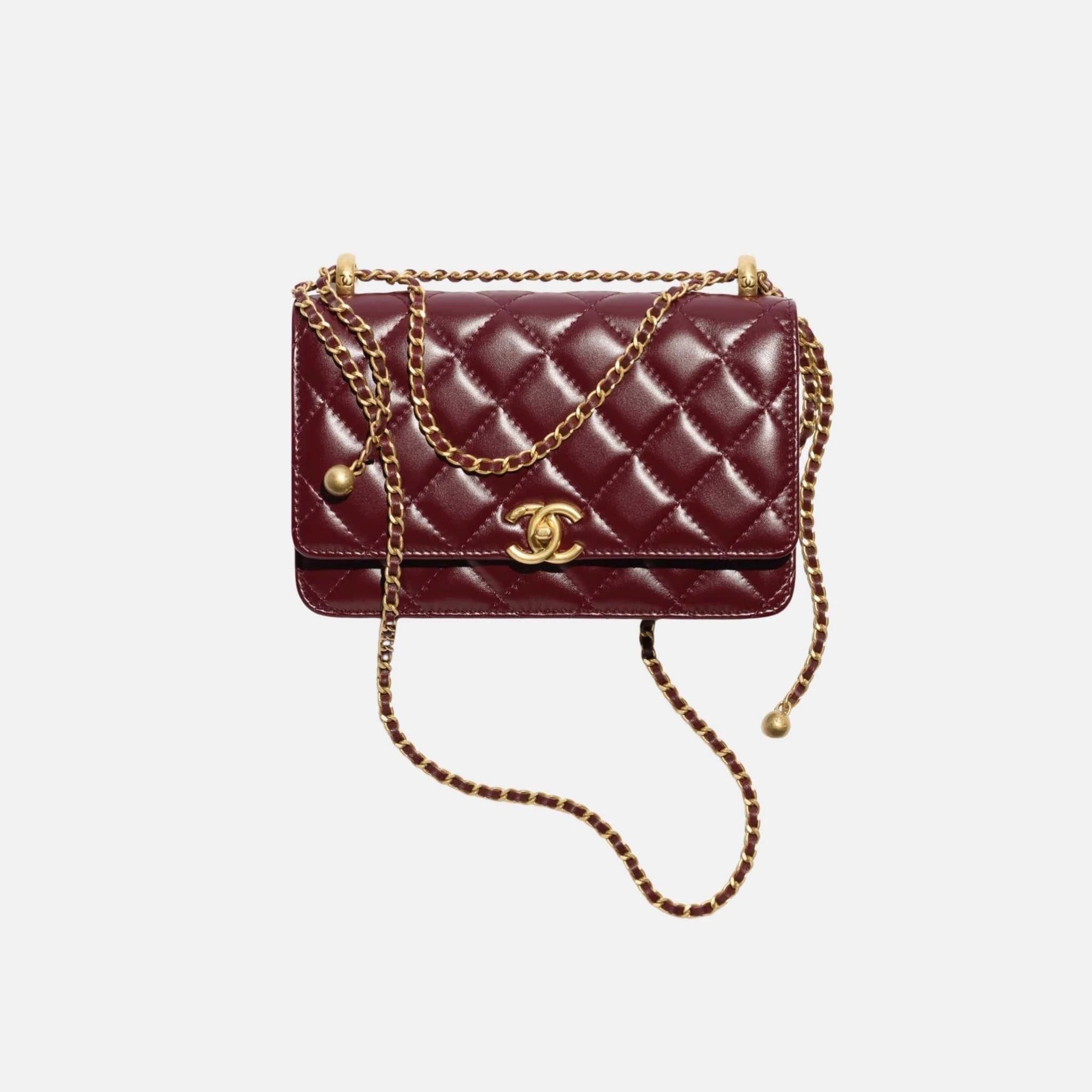 Chanel Wallet on Chain in Shiny Calfskin and Gold Tone Metal, Dark Burgundy, Front