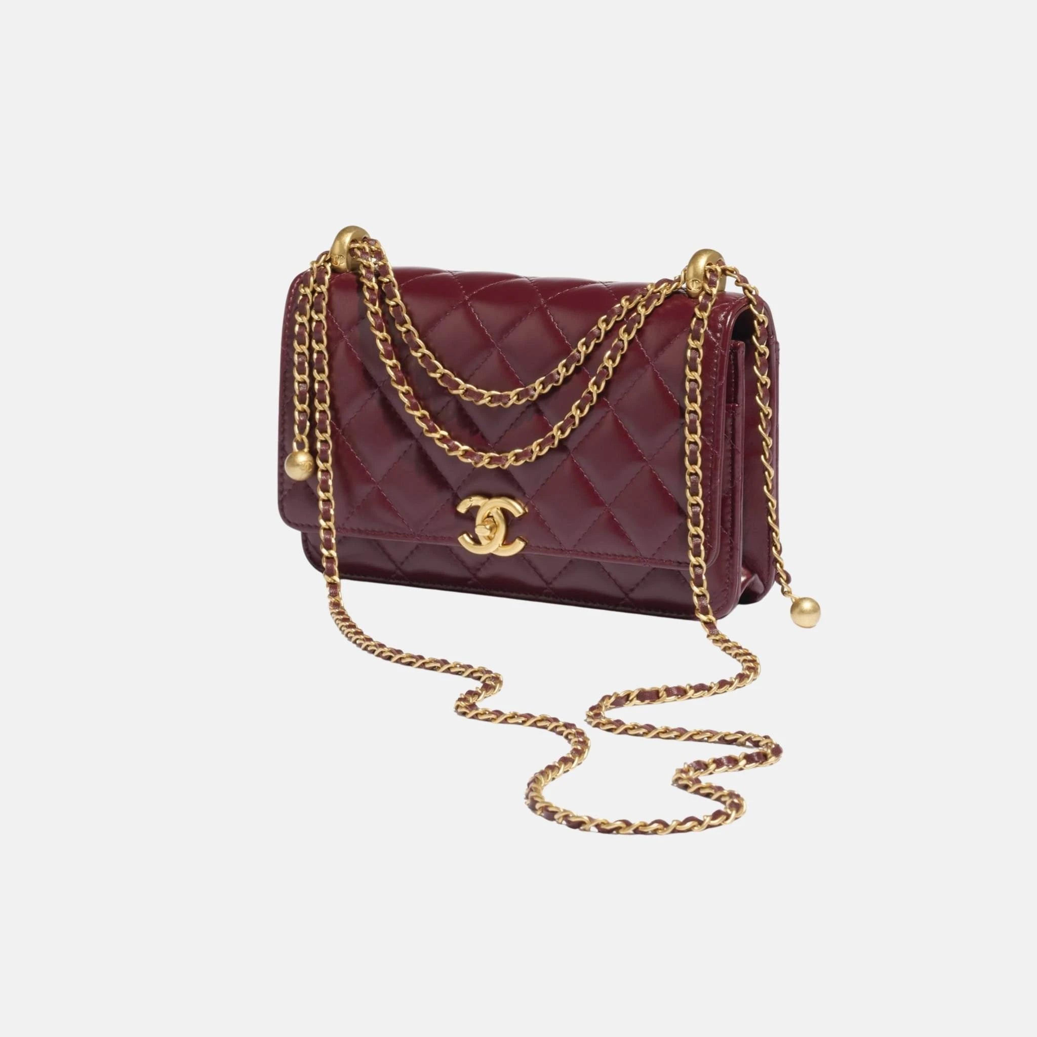 Chanel Wallet on Chain in Shiny Calfskin and Gold Tone Metal, Dark Burgundy, Side