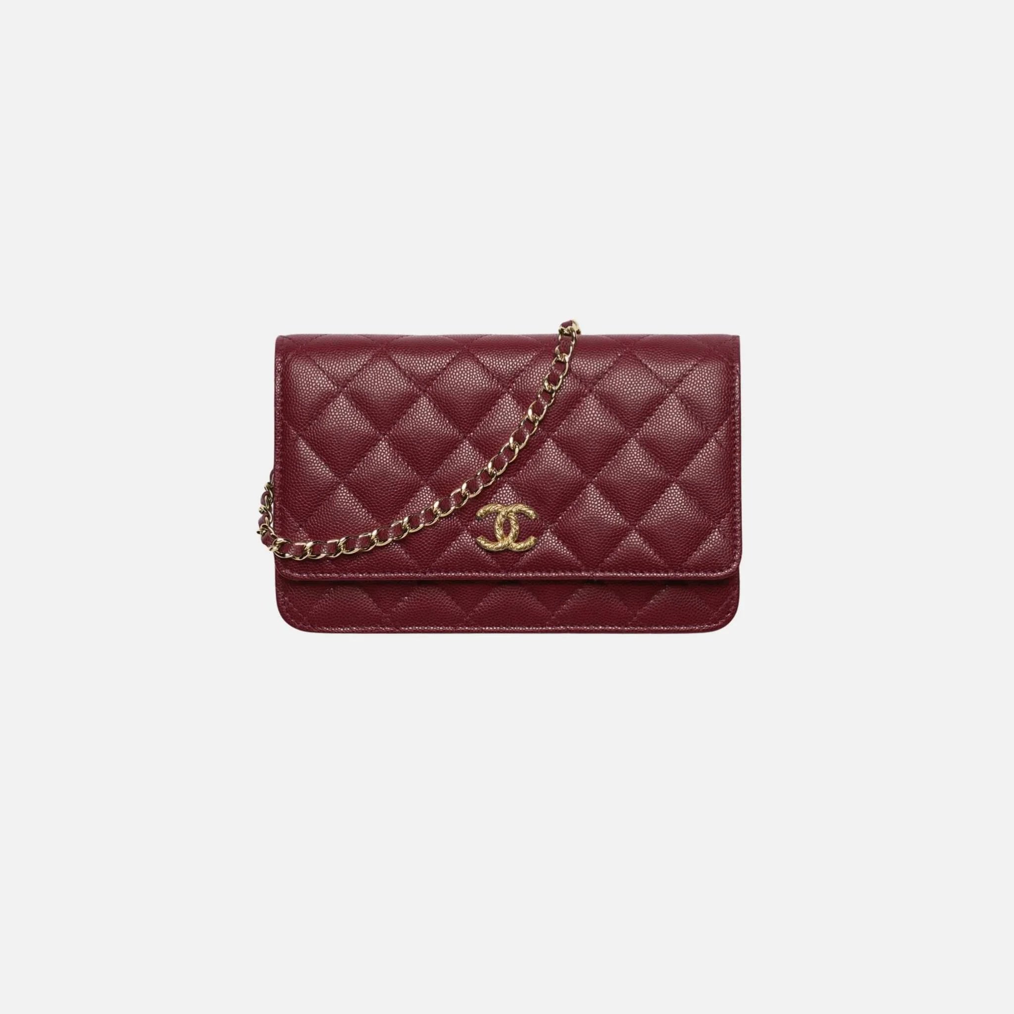 Chanel Wallet on Chain in Shiny Grained Calfskin Strass and Gold Tone, Dark Burgundy, Front