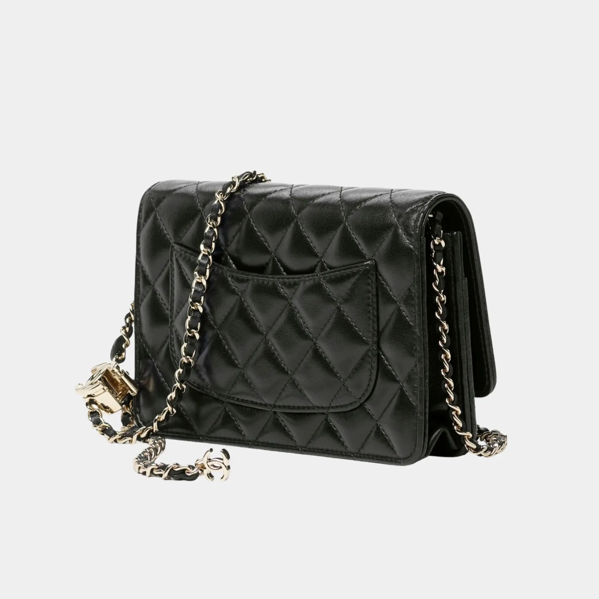Chanel Wallet On Chain in Shiny Lambskin & Gold-Tone Metal, Black, Back