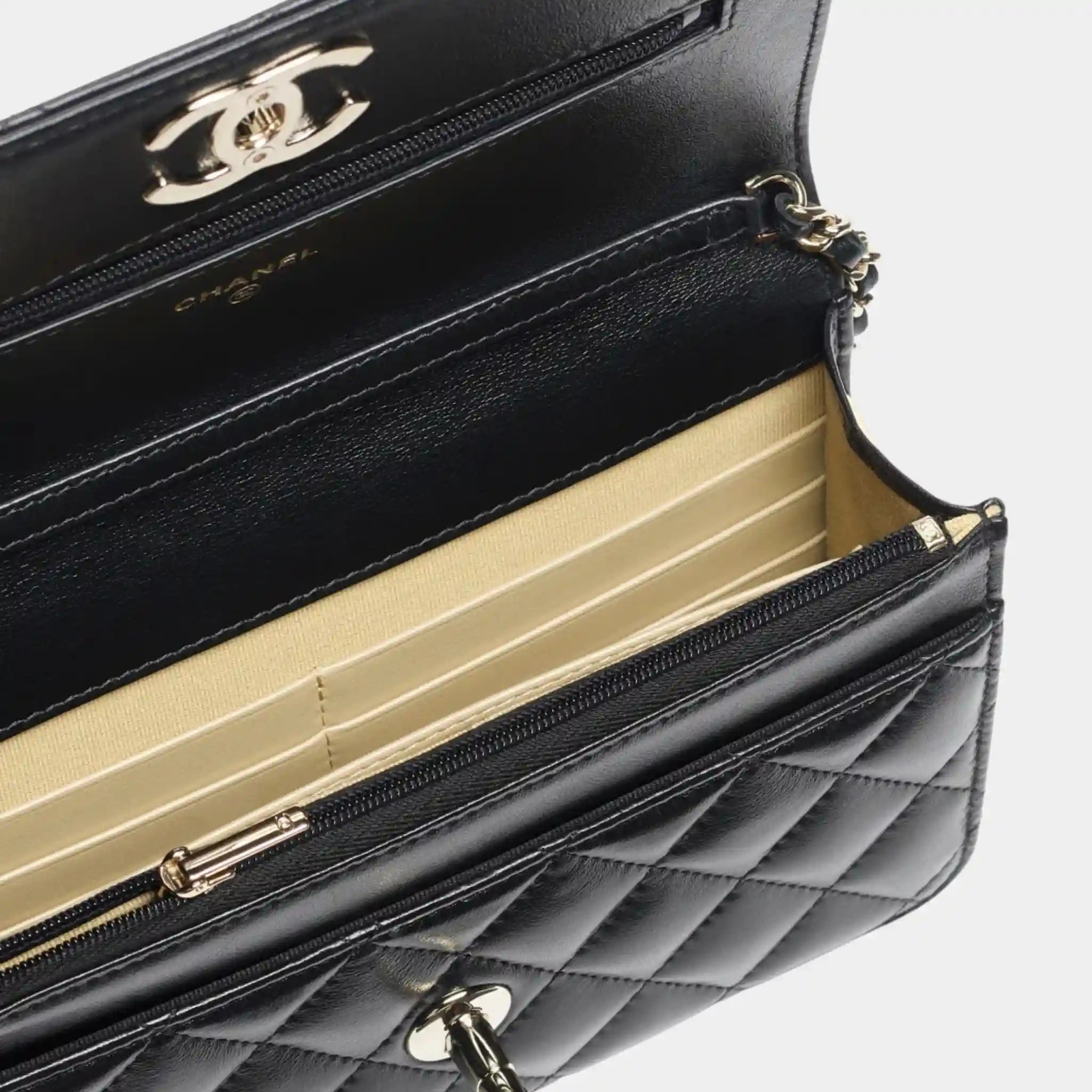 Chanel Wallet On Chain in Shiny Lambskin & Gold-Tone Metal, Black, Top