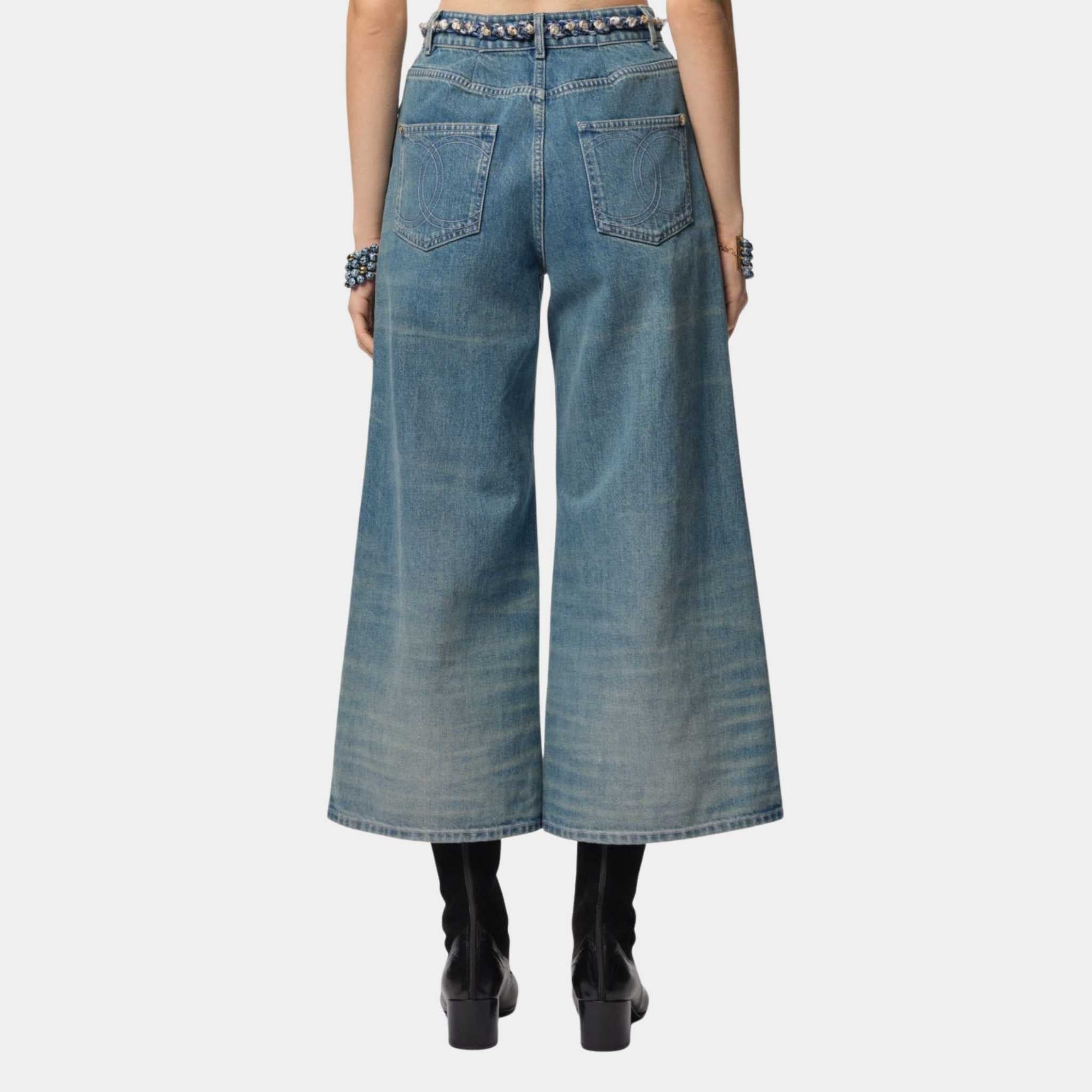 Chanel Washed Out Blue Denim Wide-Leg Cropped Jeans, Back