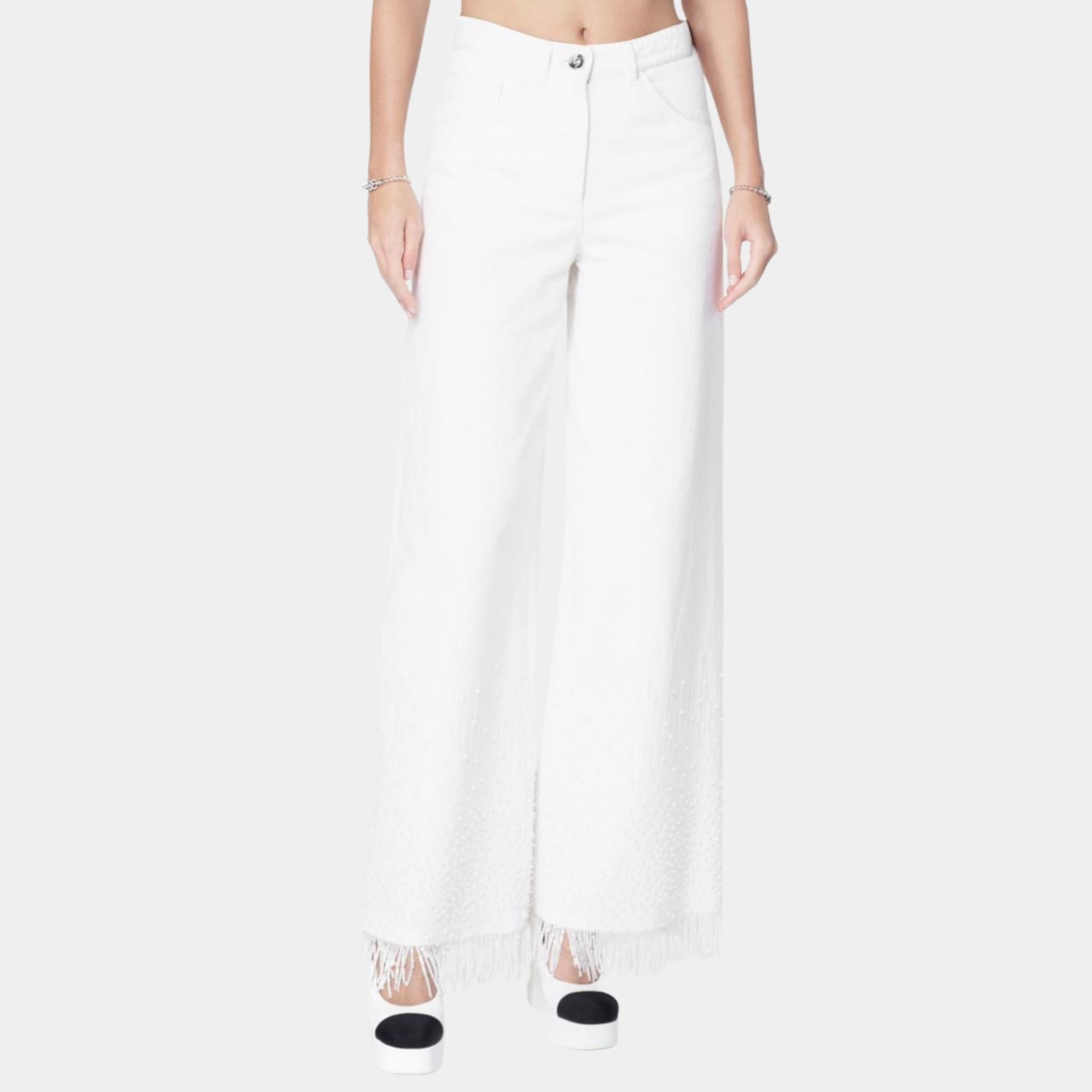 Chanel White Denim Jeans Embroidered with Beads, Front