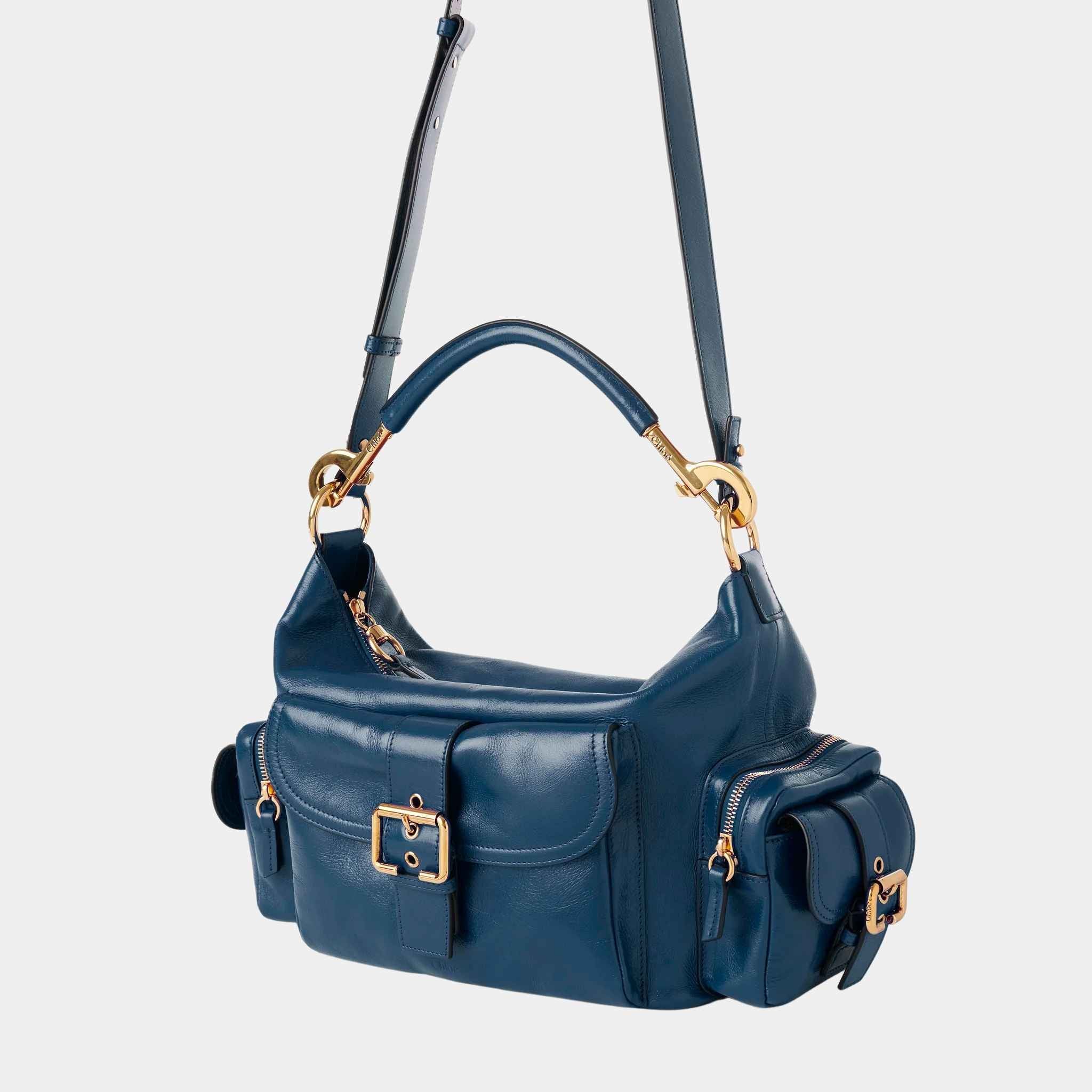 Chloe Camera Bag in Shiny Leather, Tapestry Blue, Side