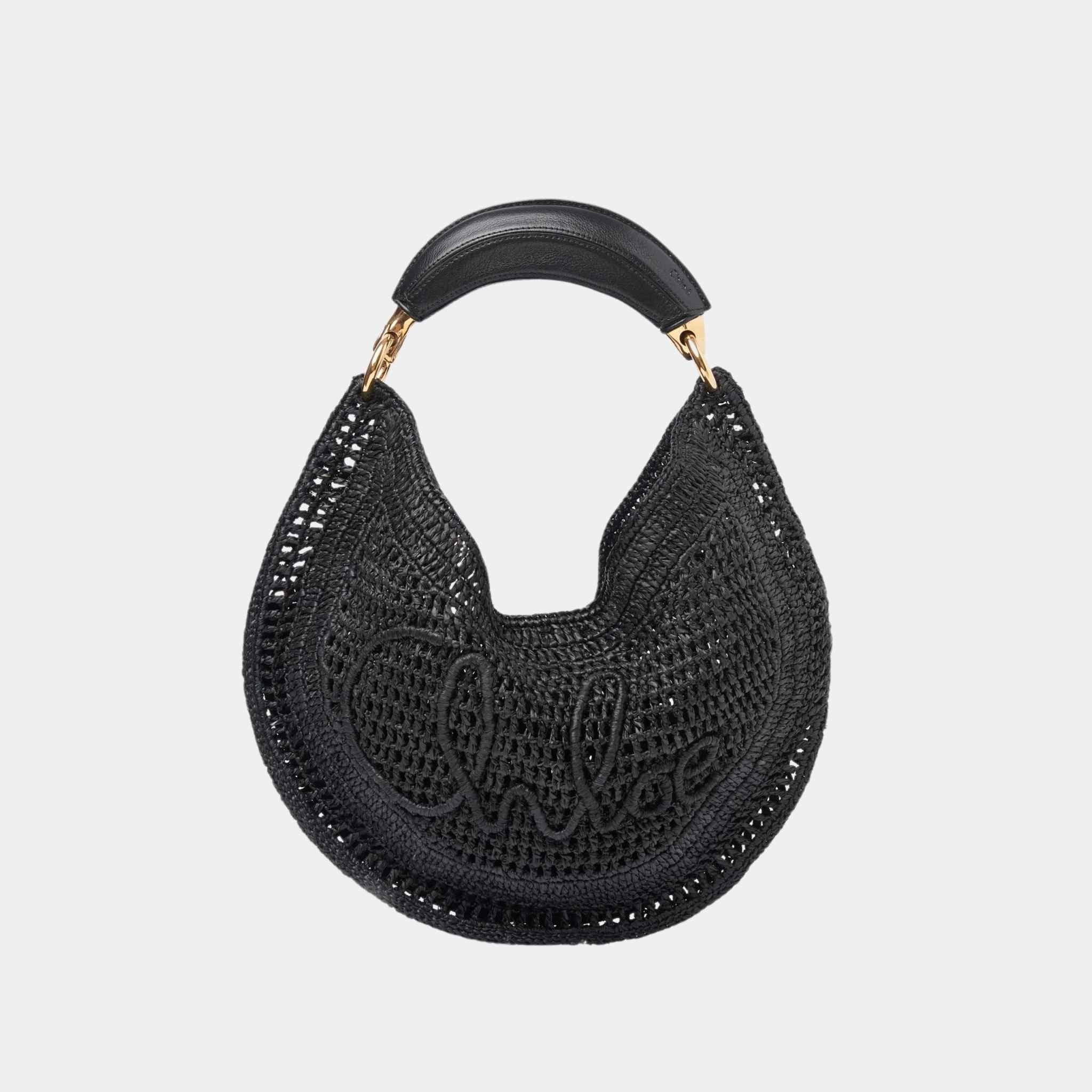 Chloe Summer Banana Hobo Bag in Raffia, Black, Front
