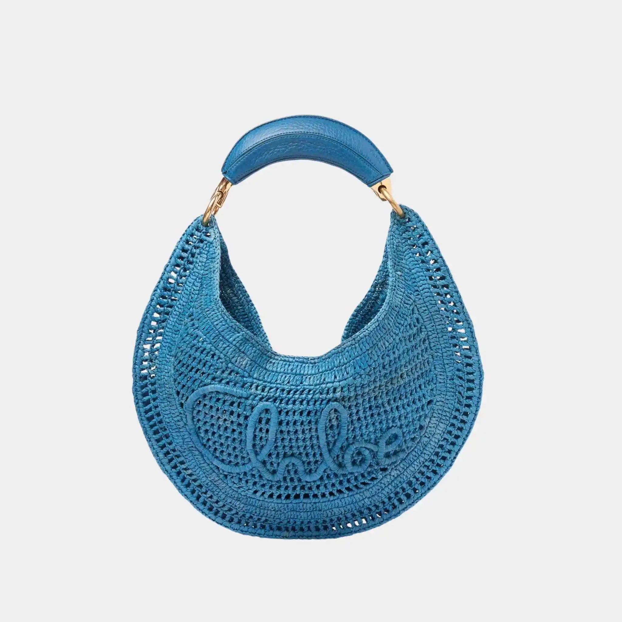 Chloe Summer Banana Hobo Bag in Raffia, Strom Sea, Front