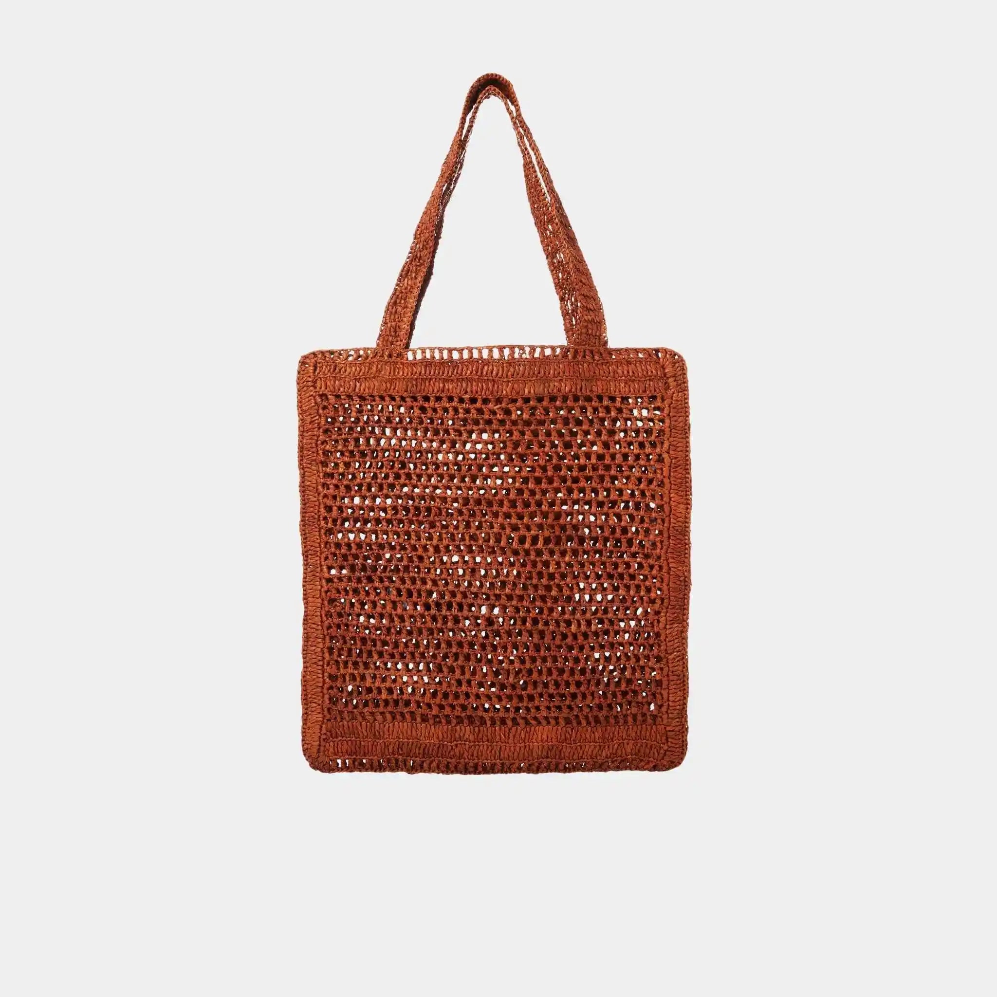 Chloe Summer Banana Tote Bag in Raffia, Clay Brown, Back