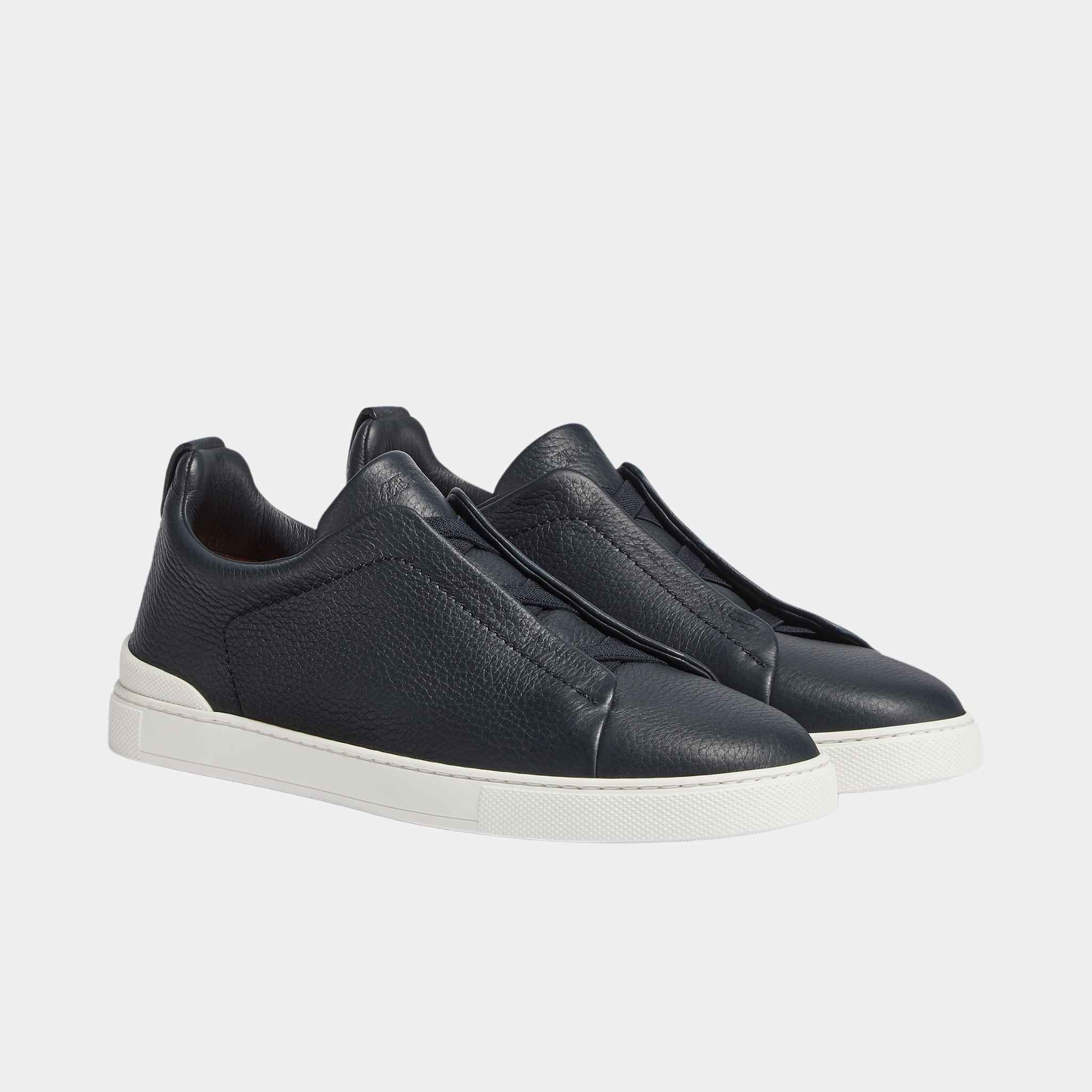 Zegna Deerskin Triple Stitch Sneakers, Navy Blue, Front