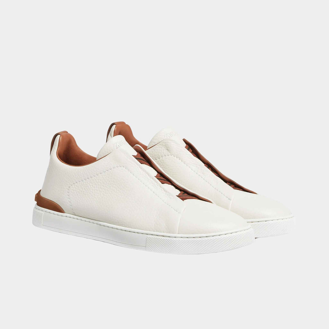 Zegna Deerskin Triple Stitch Sneakers, Off White, Tan, Front