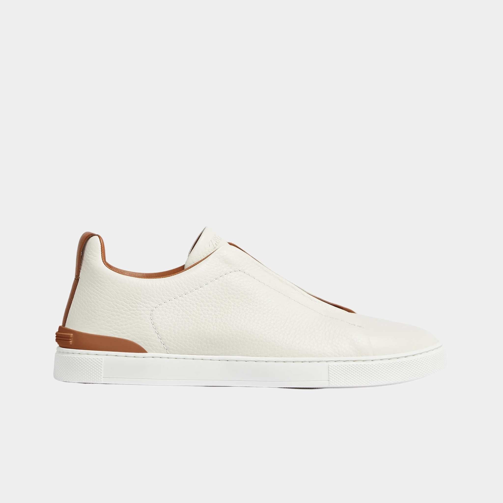 Zegna Deerskin Triple Stitch Sneakers, Off White, Tan, Side