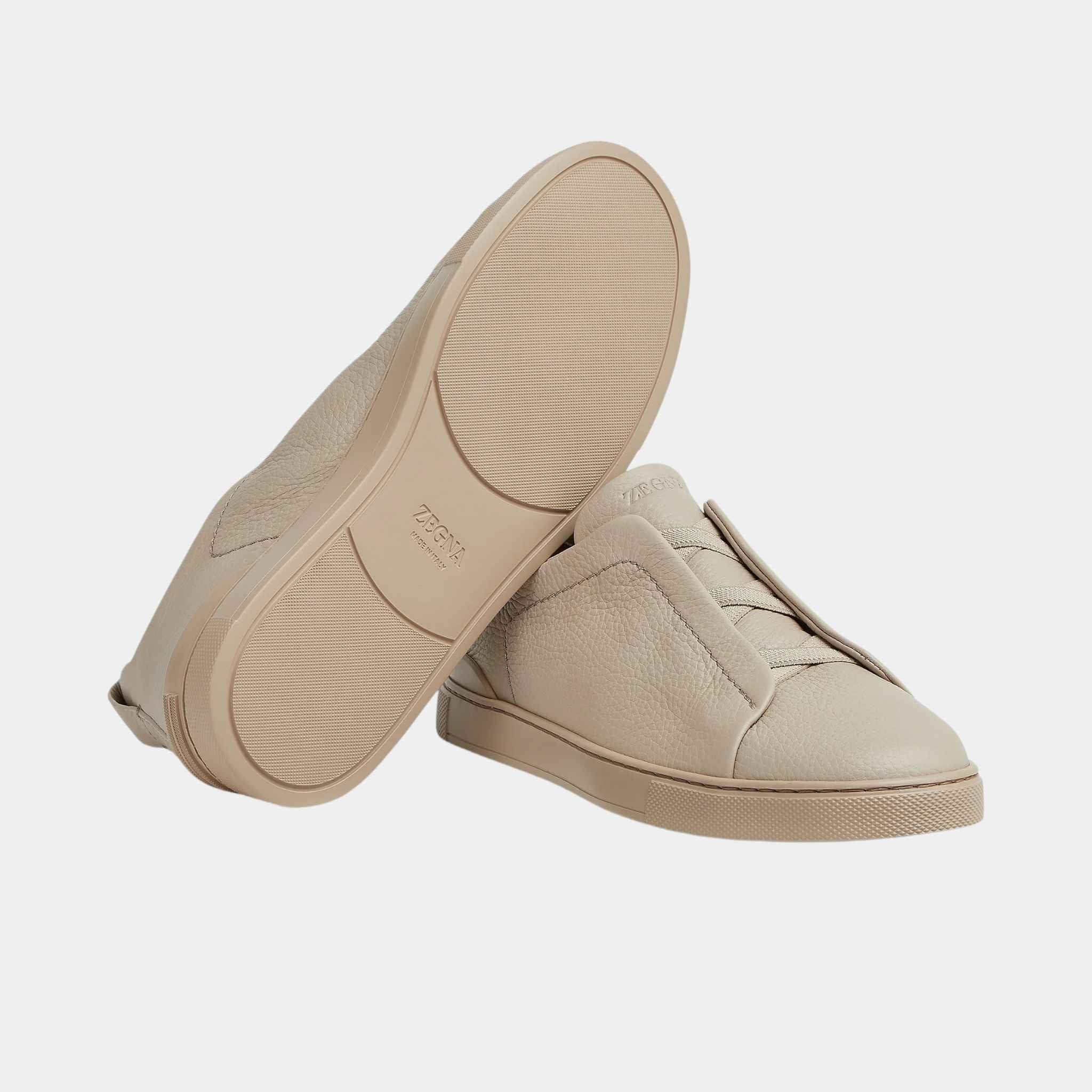 Zegna Deerskin Triple Stitch Sneakers, Beige, Close