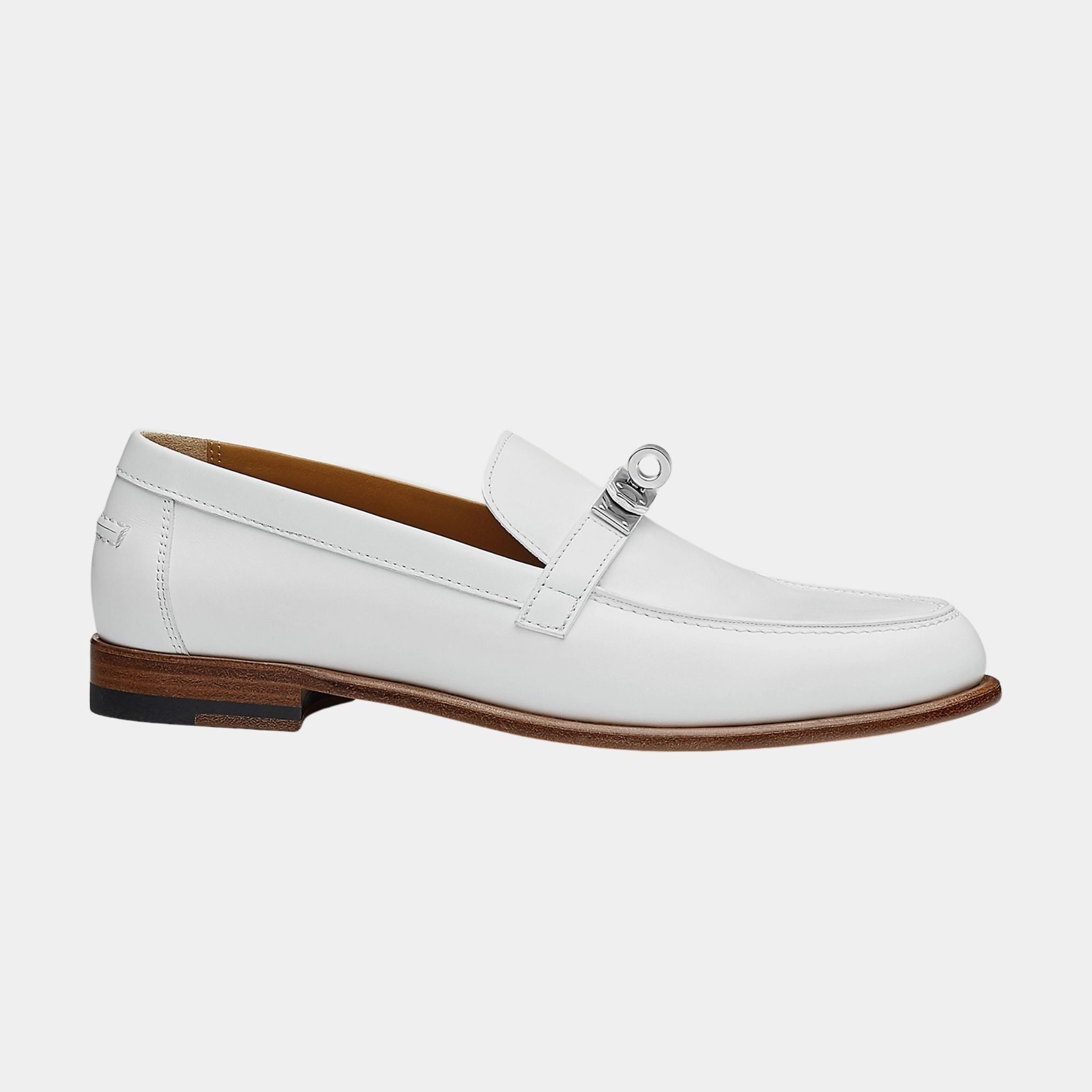 Hermes Destin Loafer in Calfskin with Palladium Plated Buckle, Blanc, Side