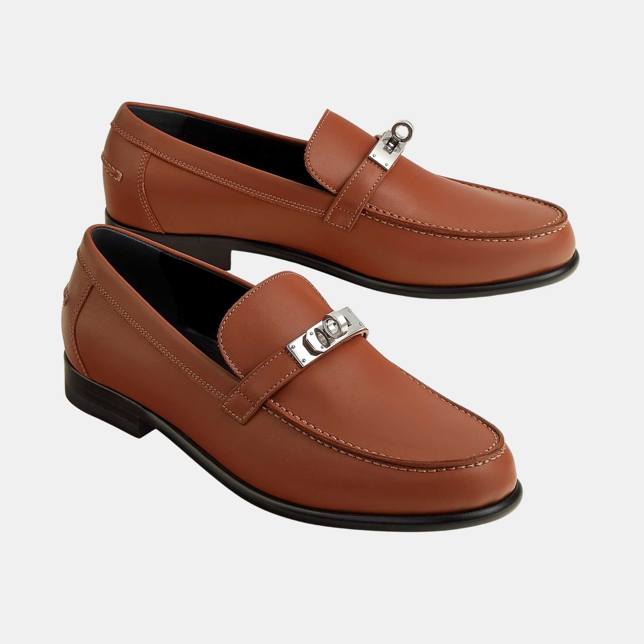 Hermes Destin Loafer in Calfskin with Palladium Plated Buckle, Gold, Front