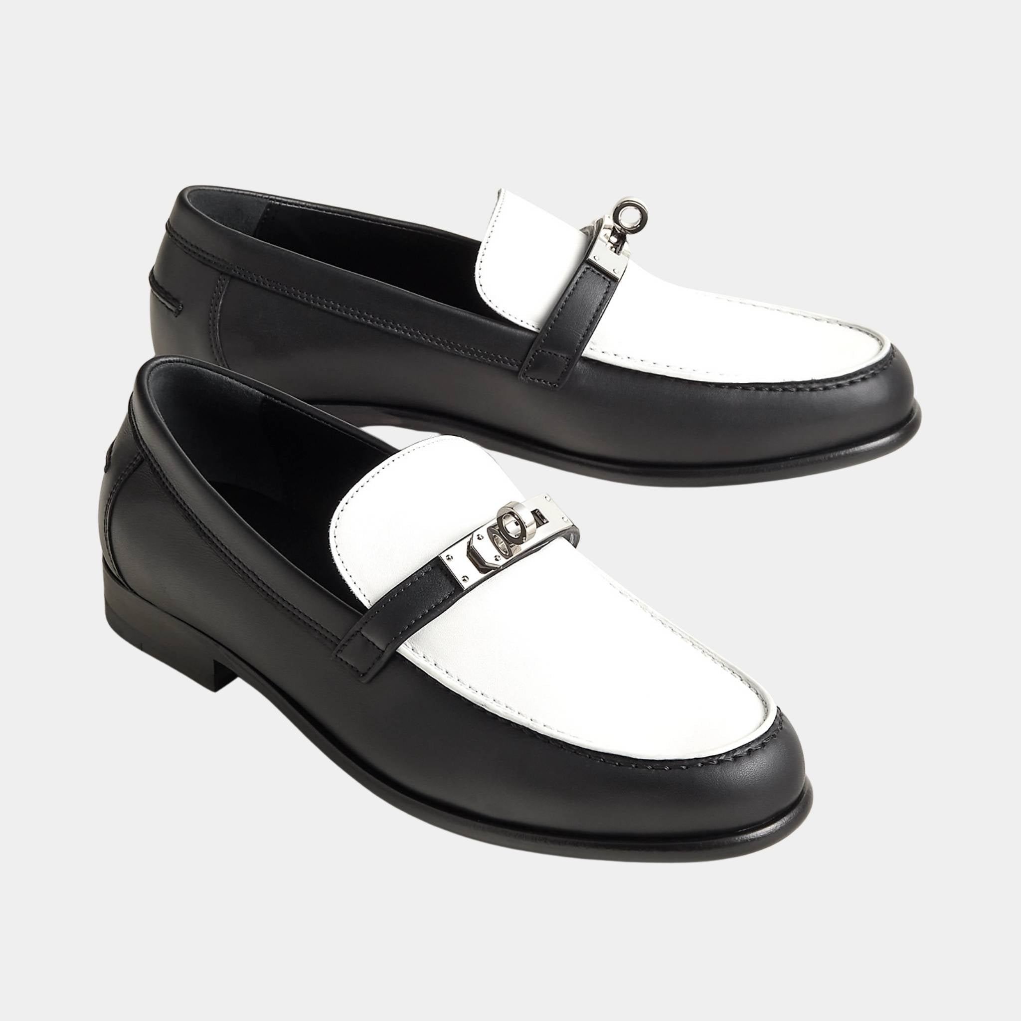 Hermes Destin Loafer in Calfskin with Palladium Plated Buckle, Noir, Blanc, Front