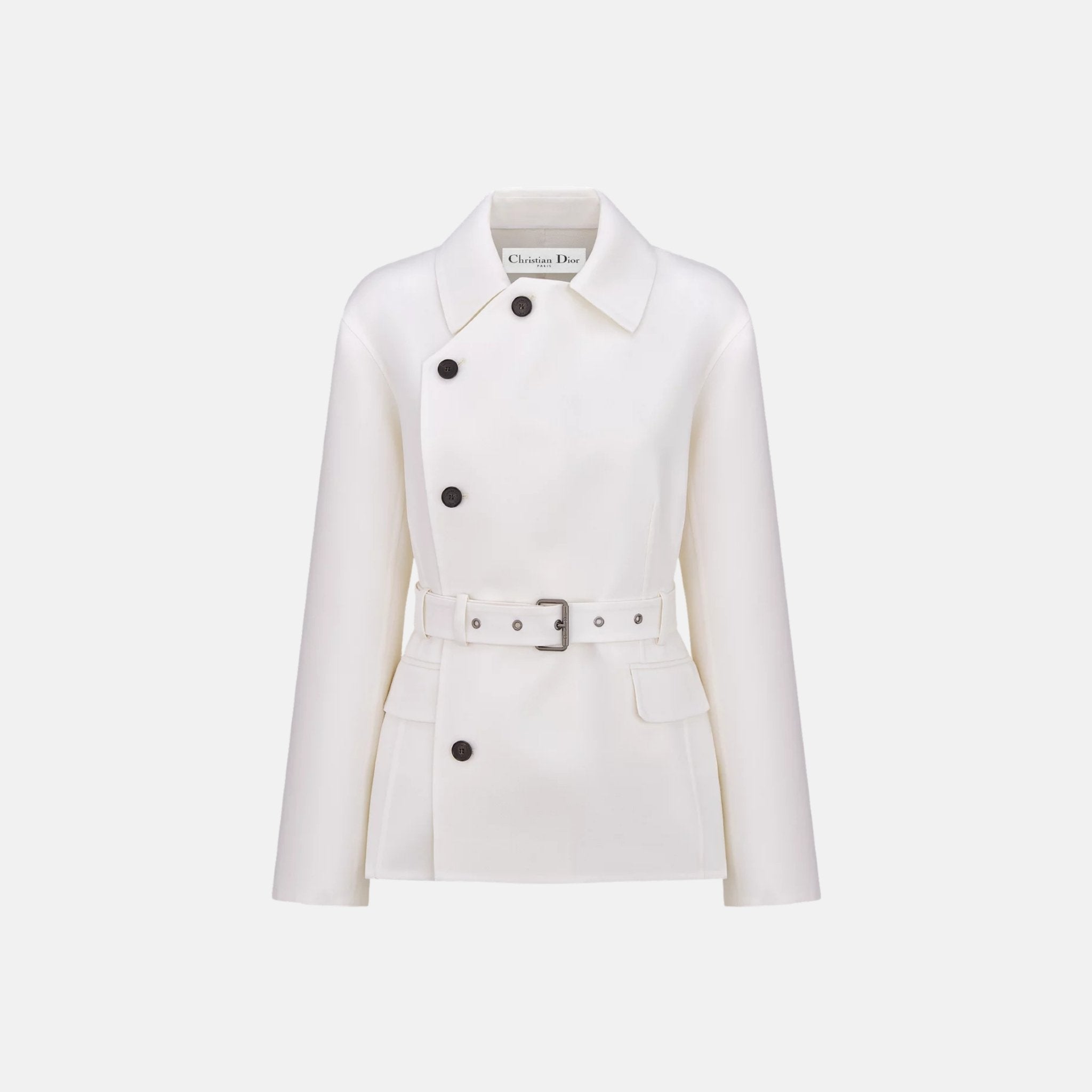Dior Belted Jacket In Virgin Wool And Silk Gabardine, White, Front